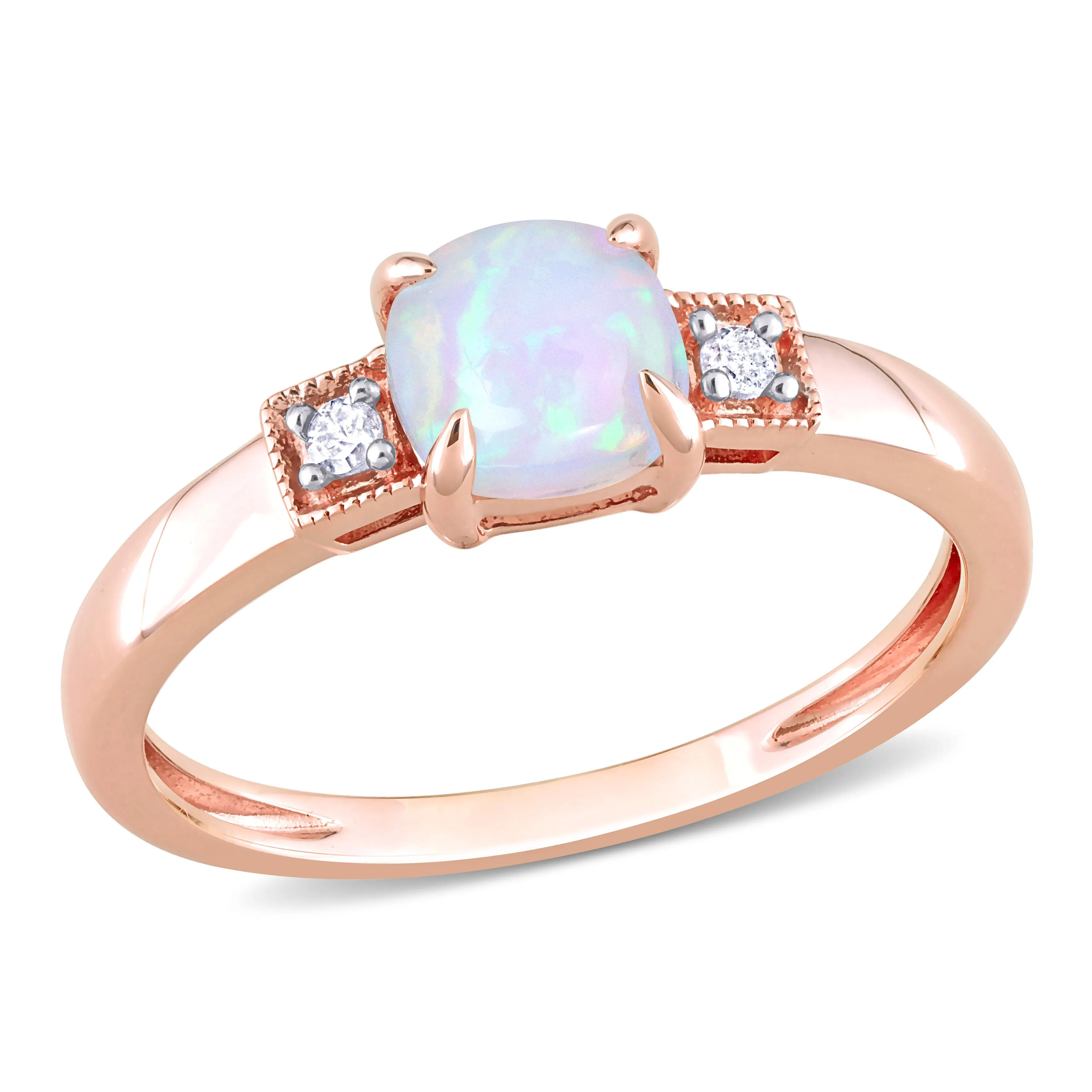 1 1/5 CT TGW Cushion Shape Blue Ethiopian Opal and Diamond Accent Ring in 10K Rose Gold