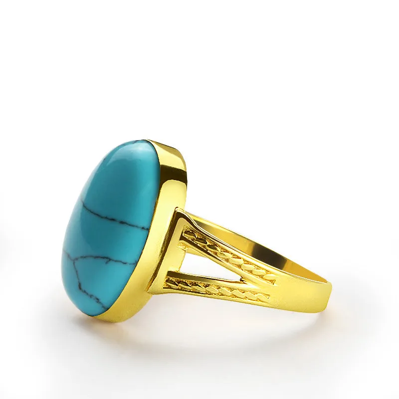 10k Gold Men's Ring with Blue Turquoise, Men's Stone Ring Statement