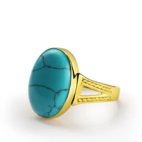 10k Gold Men's Ring with Blue Turquoise, Men's Stone Ring Statement