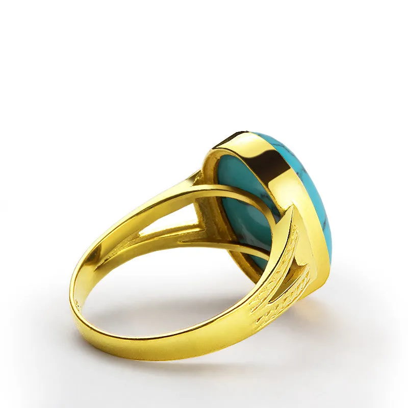 10k Gold Men's Ring with Blue Turquoise, Men's Stone Ring Statement