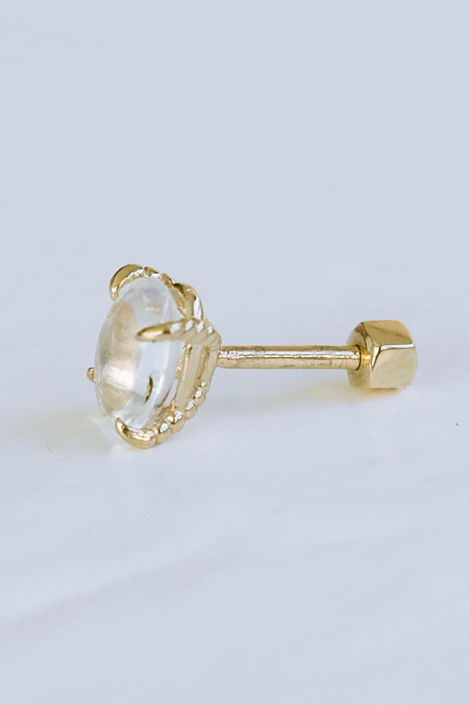 14K GOLD JEWELRY MINIMALIST DELICATE GEMSTONE MOONSTONE BARBELL EAR STUD EARRING PIERCING