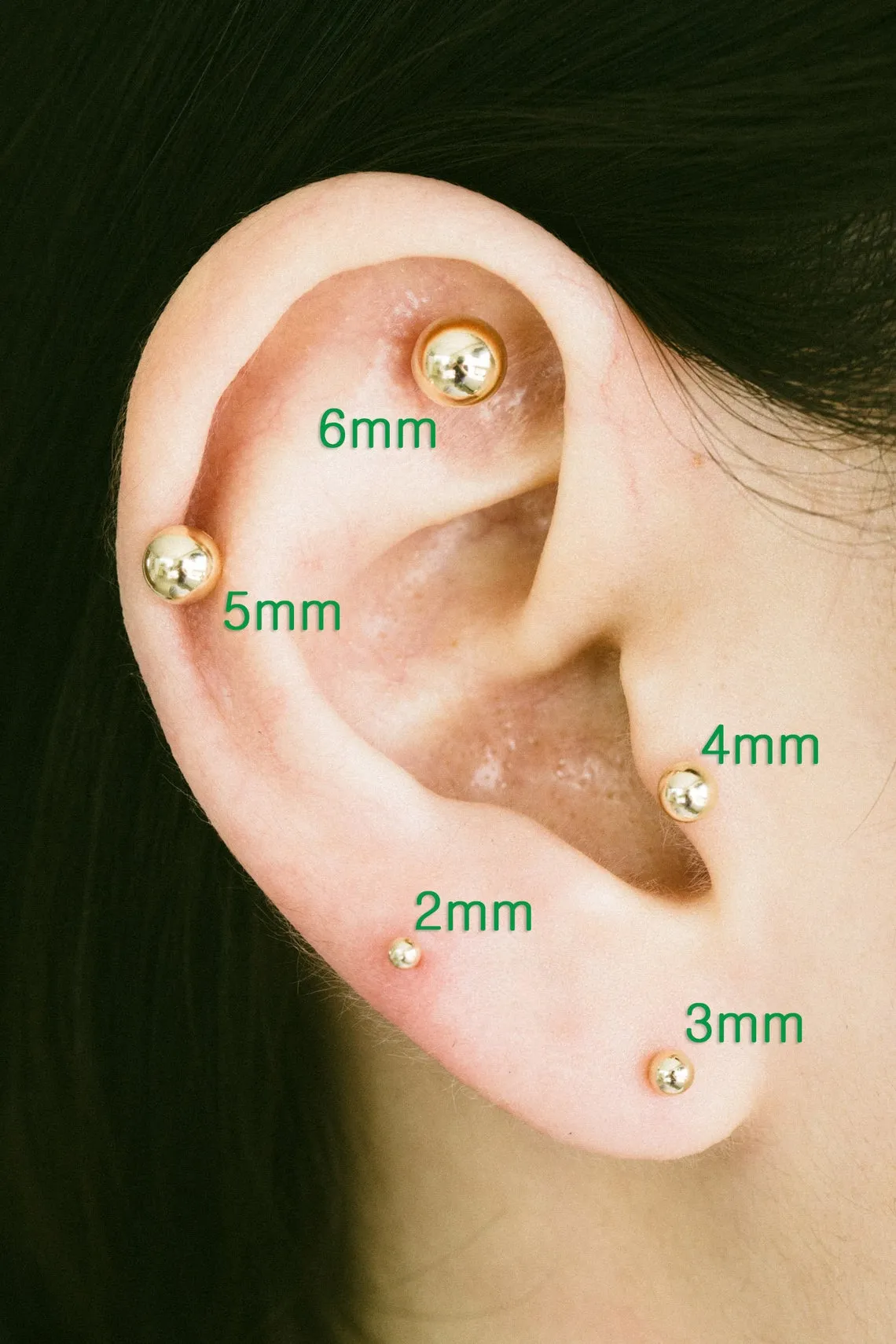 14K Real Gold Inner Conch Forward Helix Cartilage Tragus Small Big Round Ball Jewelry Stud Post Pierced Earring Piercing