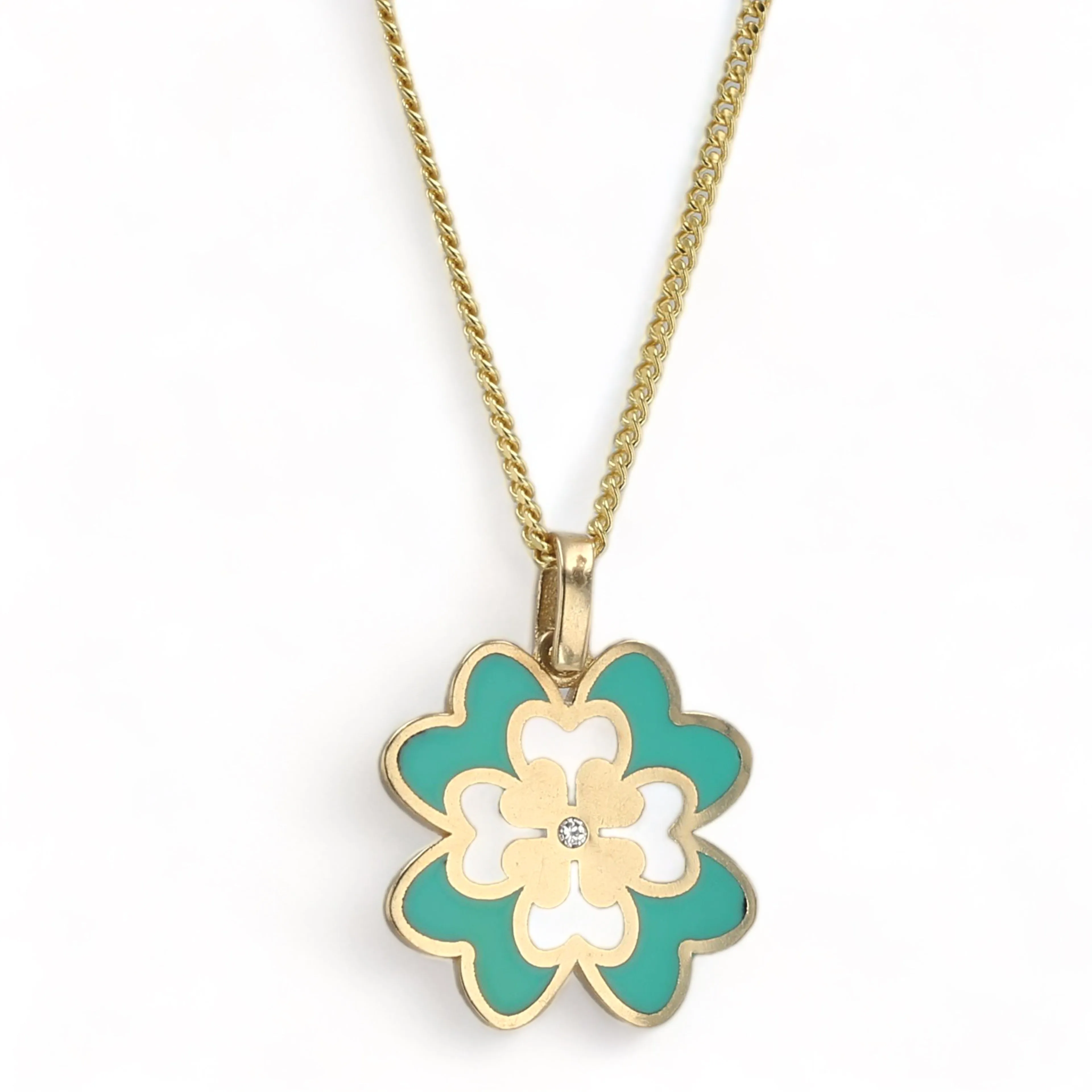 14K Yellow gold solid baby miami Cuban link chocker enamel clover pendant-22220