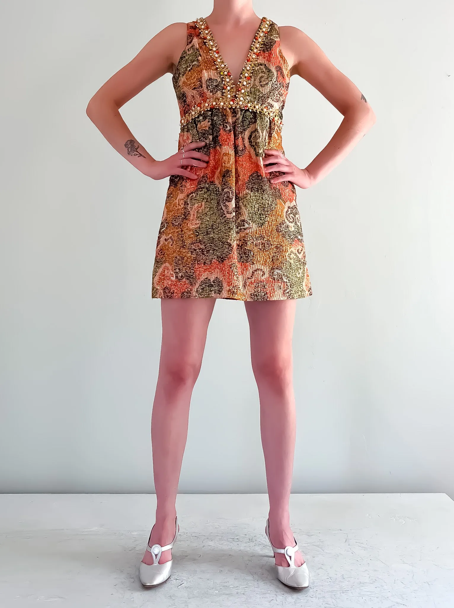 1960's GLAM Brocade Mod Mini Dress / Sz XS