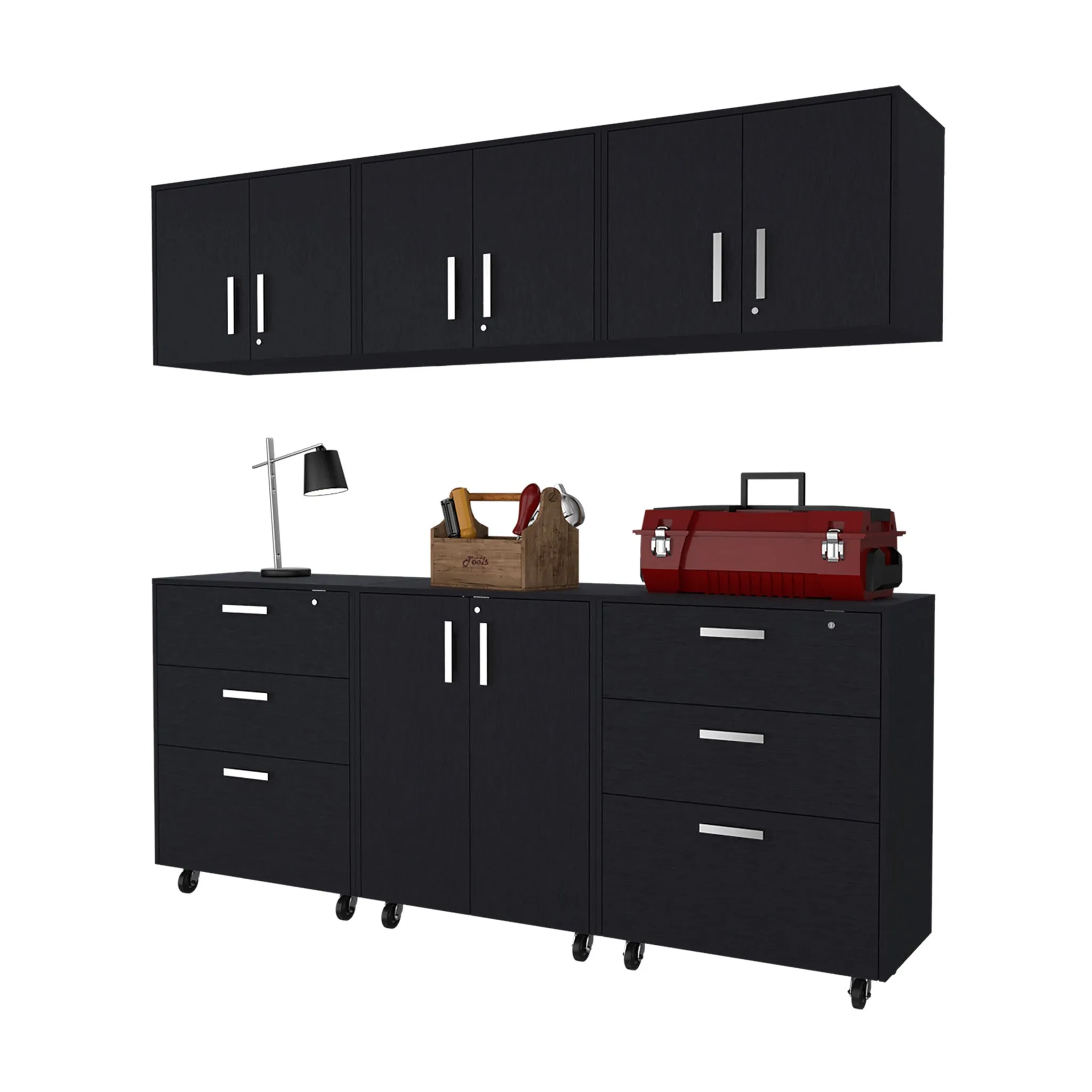 28 Black Wall mounted Accent Cabinet With Eight Shelves And Six Drawers