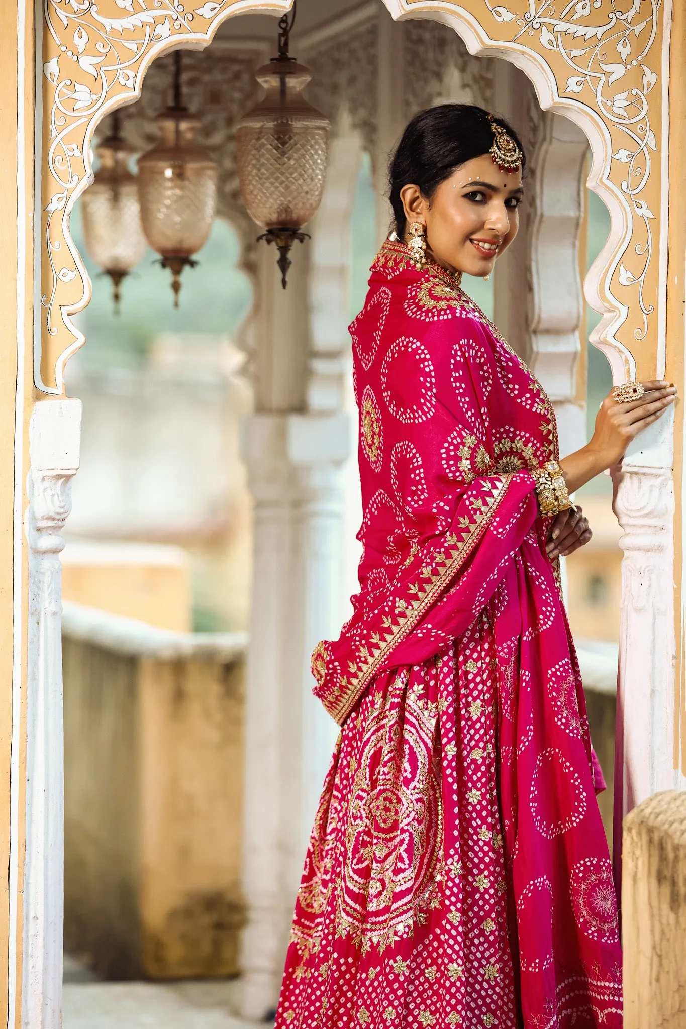 32A019 Fuschia Pink Embroidered Lehenga with Dupatta