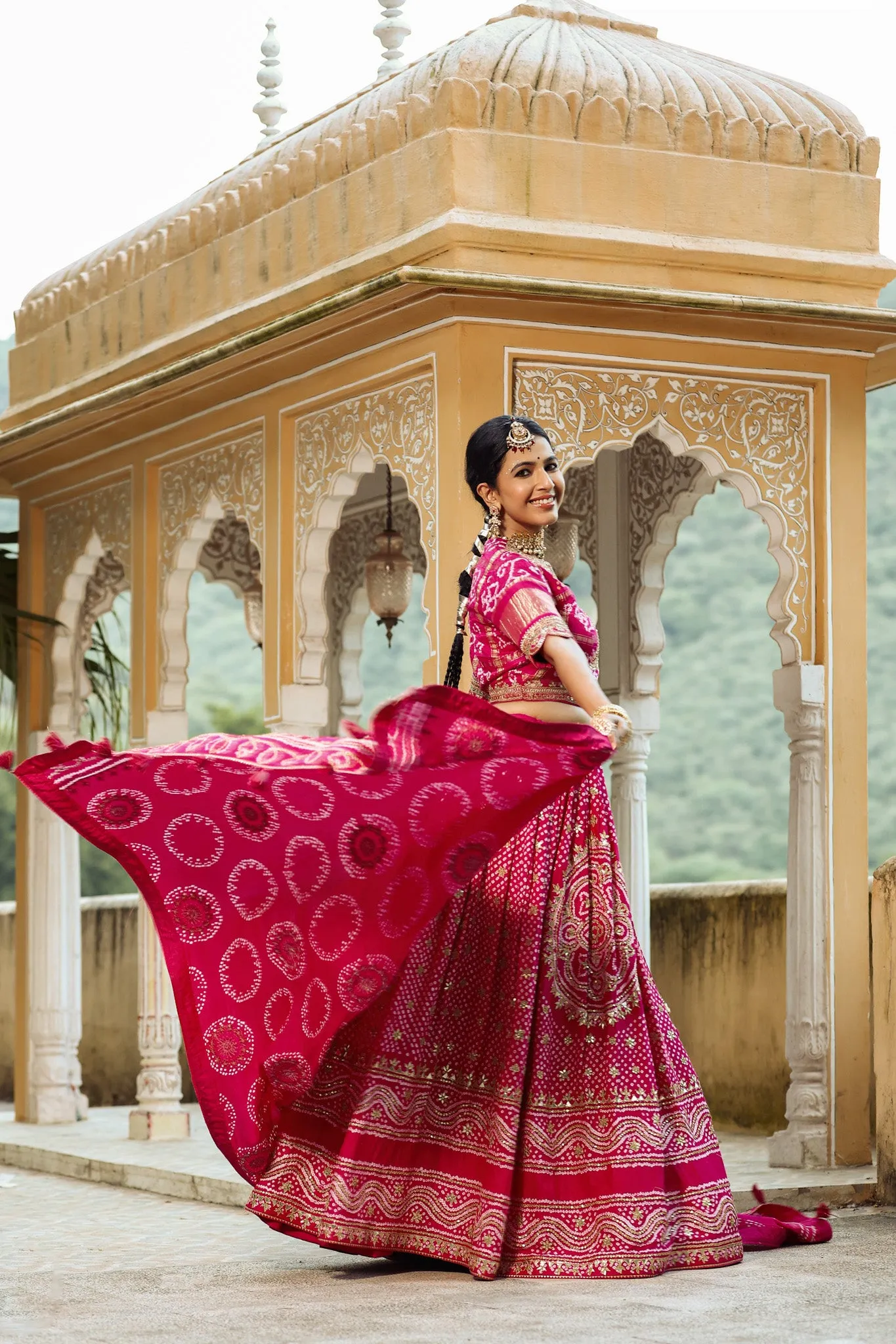 32A019 Fuschia Pink Embroidered Lehenga with Dupatta