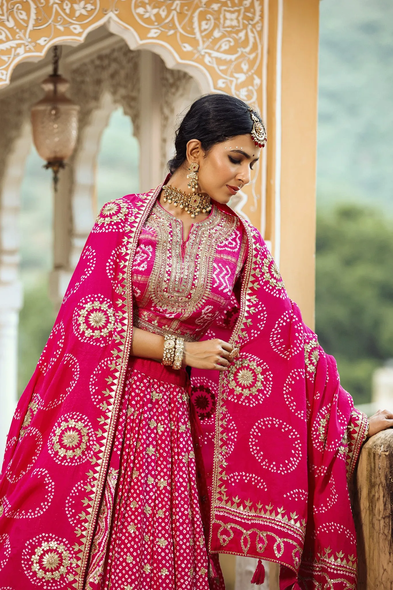 32A019 Fuschia Pink Embroidered Lehenga with Dupatta