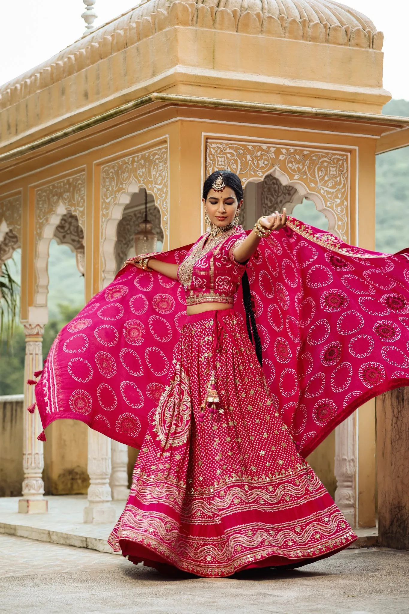 32A019 Fuschia Pink Embroidered Lehenga with Dupatta