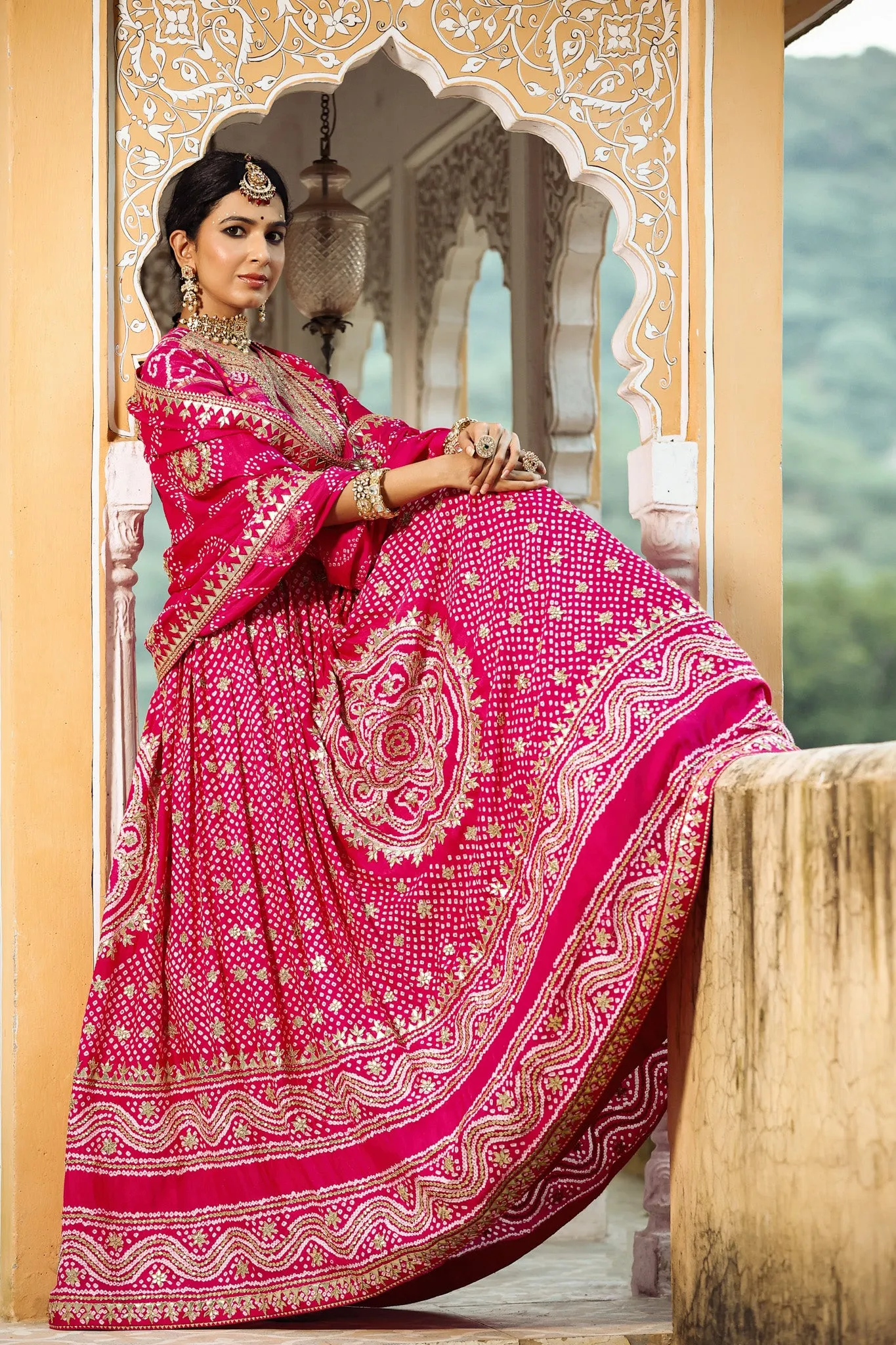 32A019 Fuschia Pink Embroidered Lehenga with Dupatta