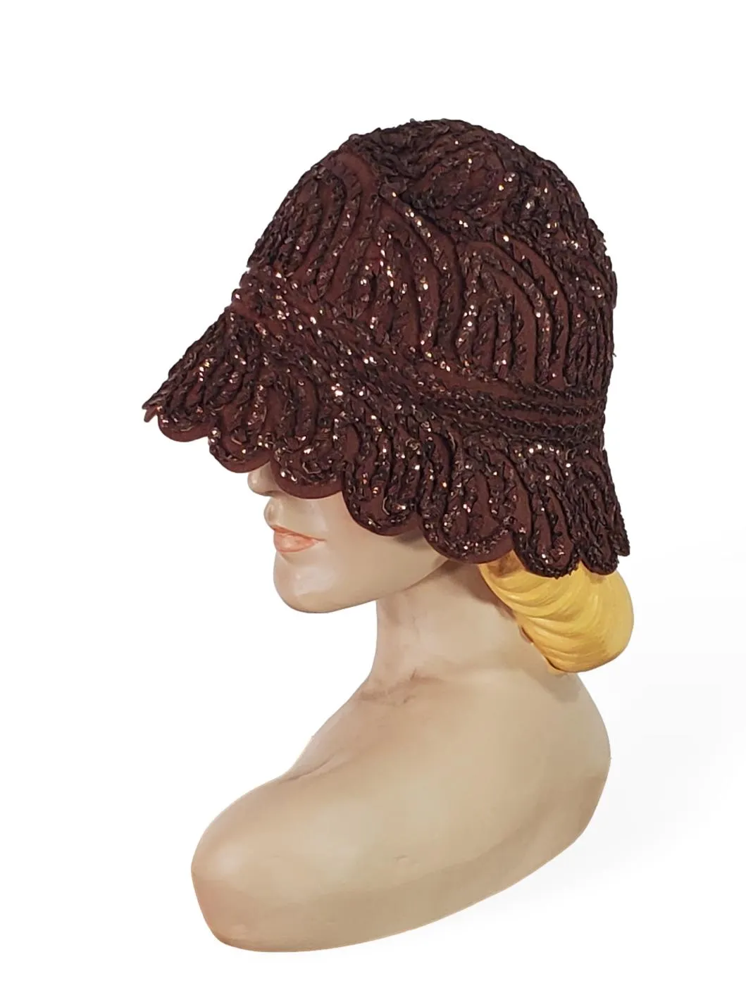 40s Does 20s Cloche Hat in Brown Wool With Sequins