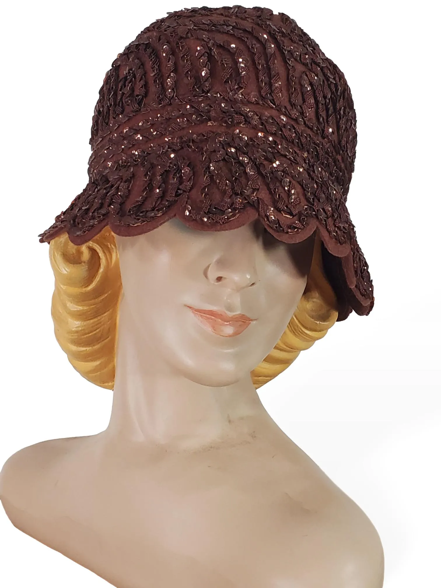 40s Does 20s Cloche Hat in Brown Wool With Sequins