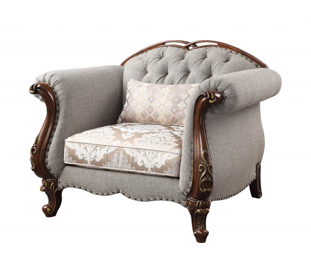 48 Beige Fabric And Cherry Floral Arm Chair