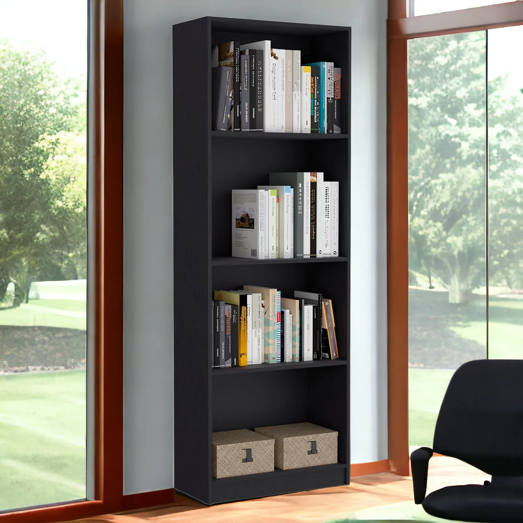 71 Black Four Tier Bookcase with Two doors