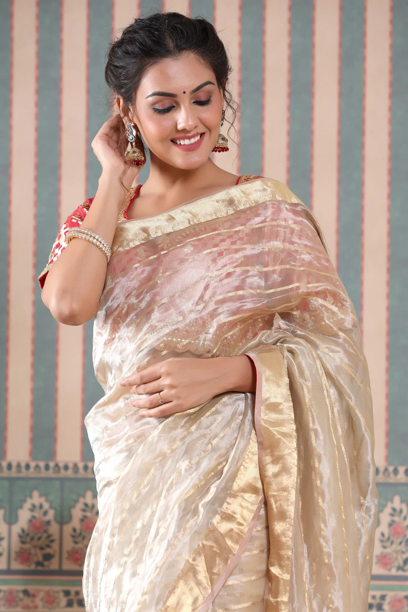 90Z541-RO Golden Striped Tissue Silk Saree with Red Saree Blouse