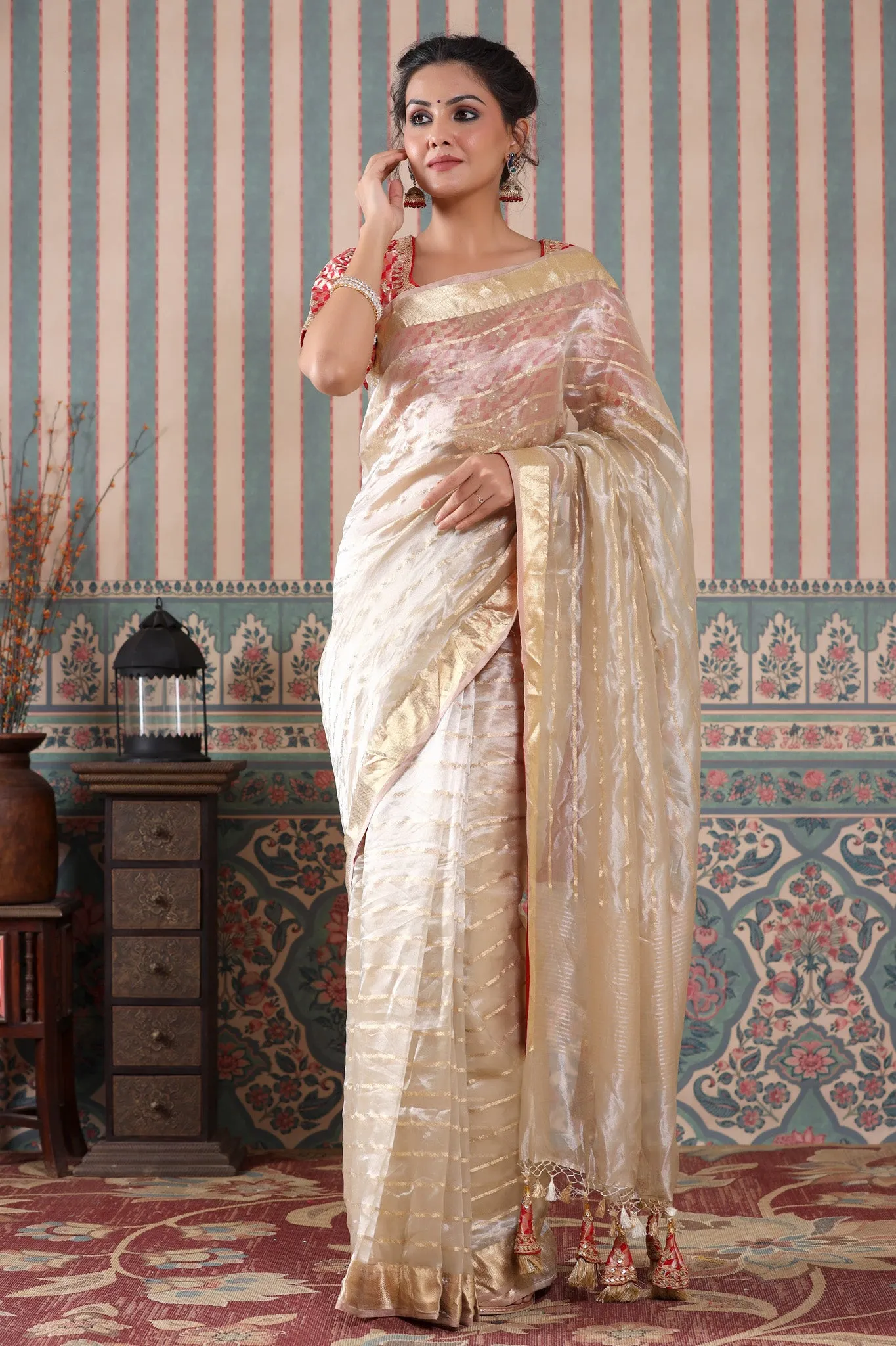 90Z541-RO Golden Striped Tissue Silk Saree with Red Saree Blouse