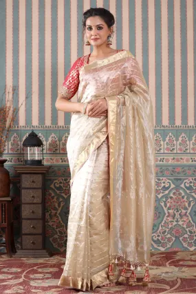 90Z541-RO Golden Striped Tissue Silk Saree with Red Saree Blouse