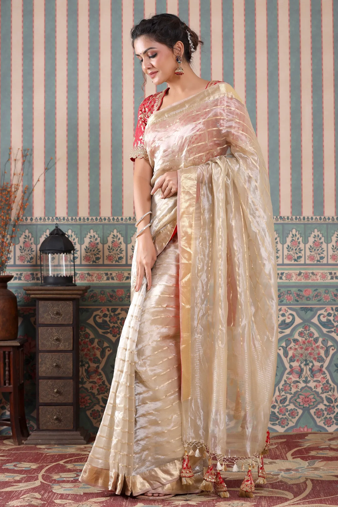 90Z541-RO Golden Striped Tissue Silk Saree with Red Saree Blouse