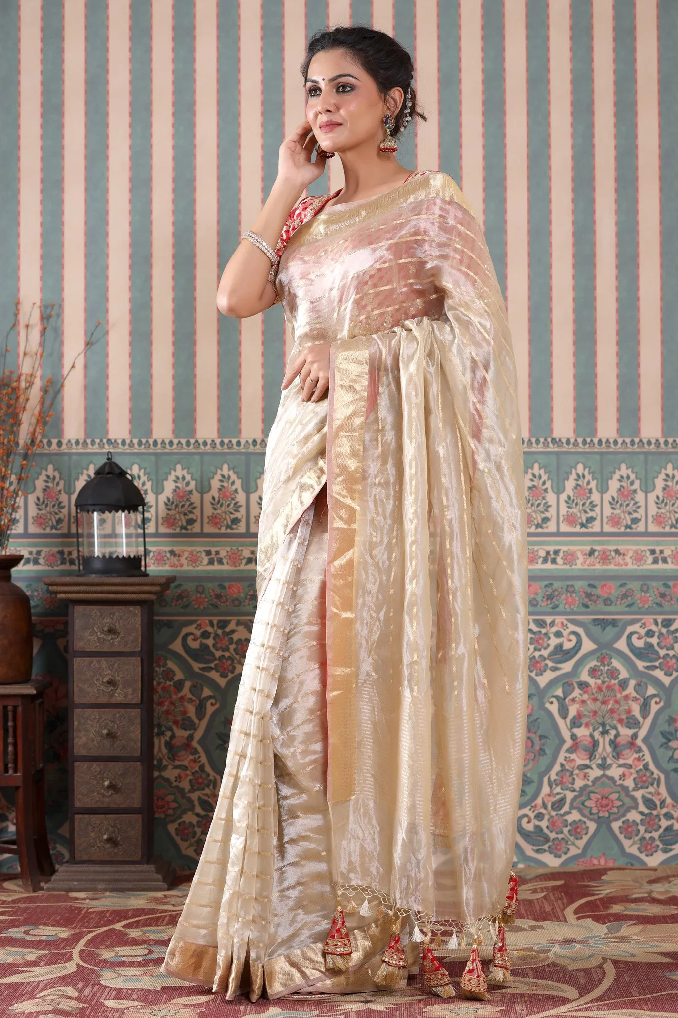 90Z541-RO Golden Striped Tissue Silk Saree with Red Saree Blouse