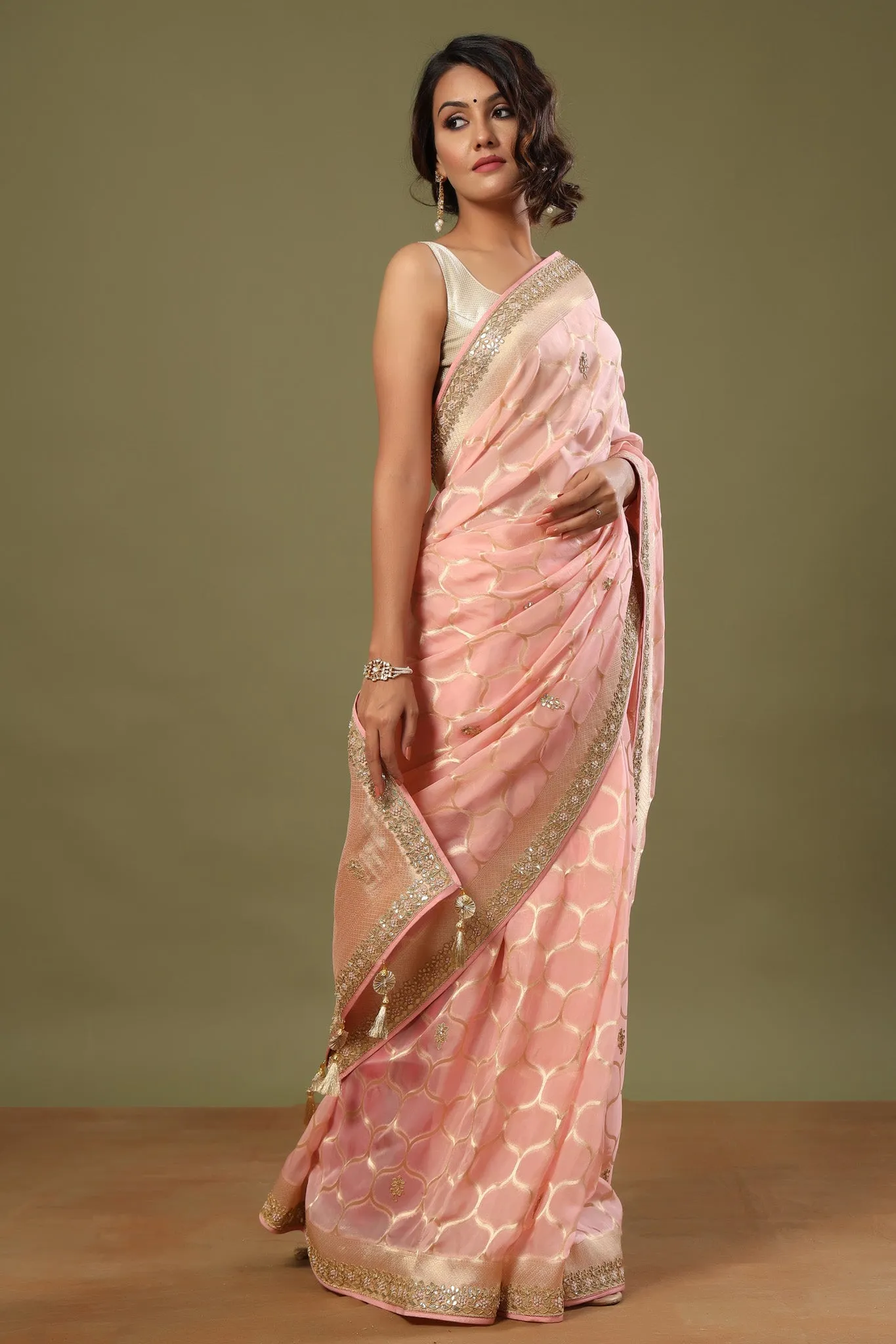 90Z546-RO Light Pink Embroidered Organza Saree with Zari Jaal