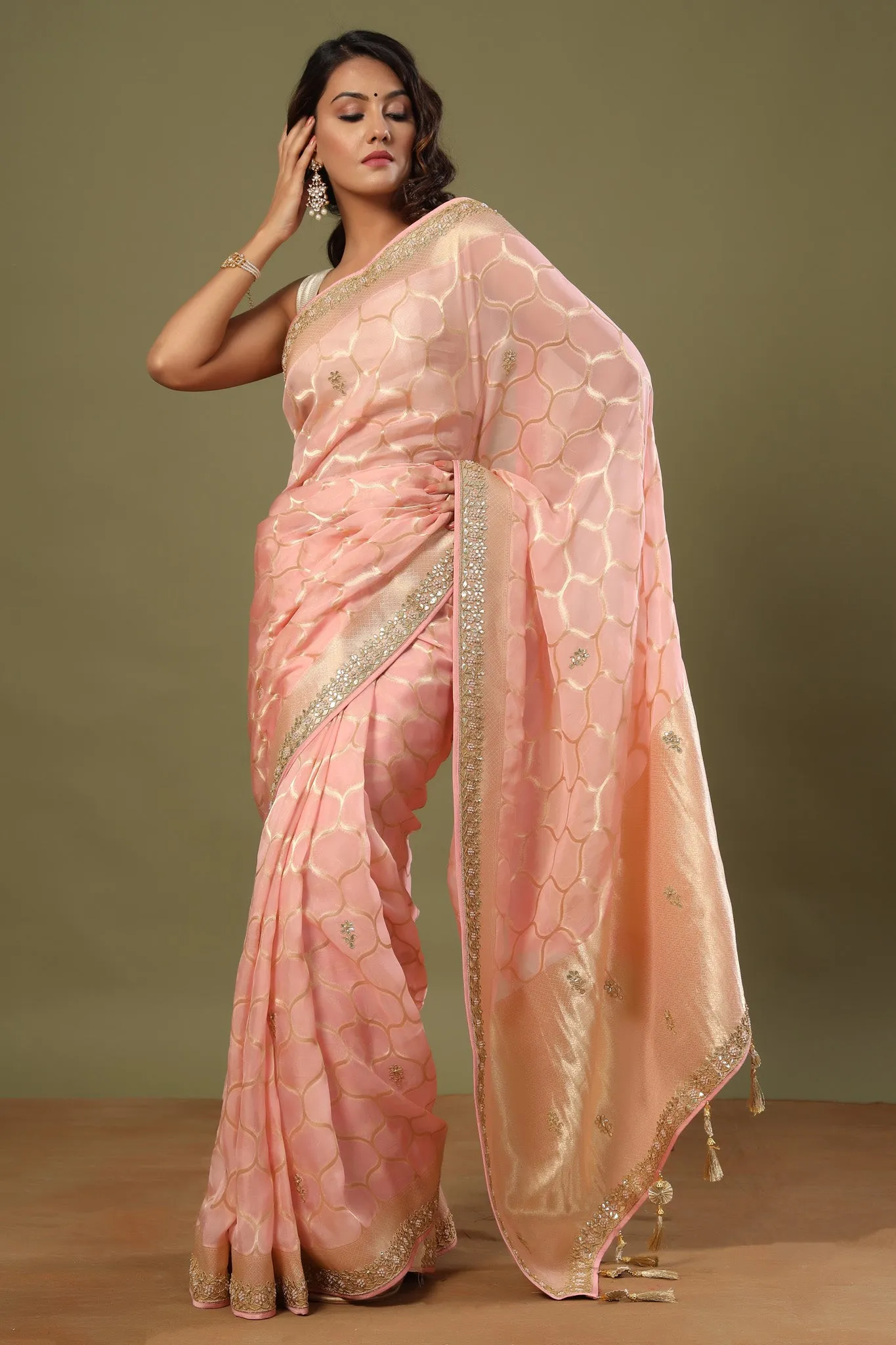 90Z546-RO Light Pink Embroidered Organza Saree with Zari Jaal