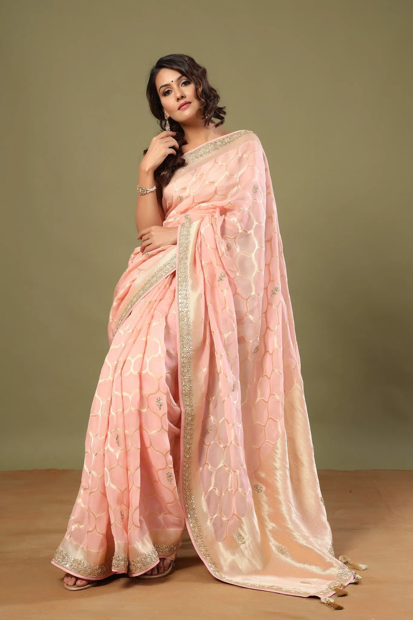 90Z546-RO Light Pink Embroidered Organza Saree with Zari Jaal