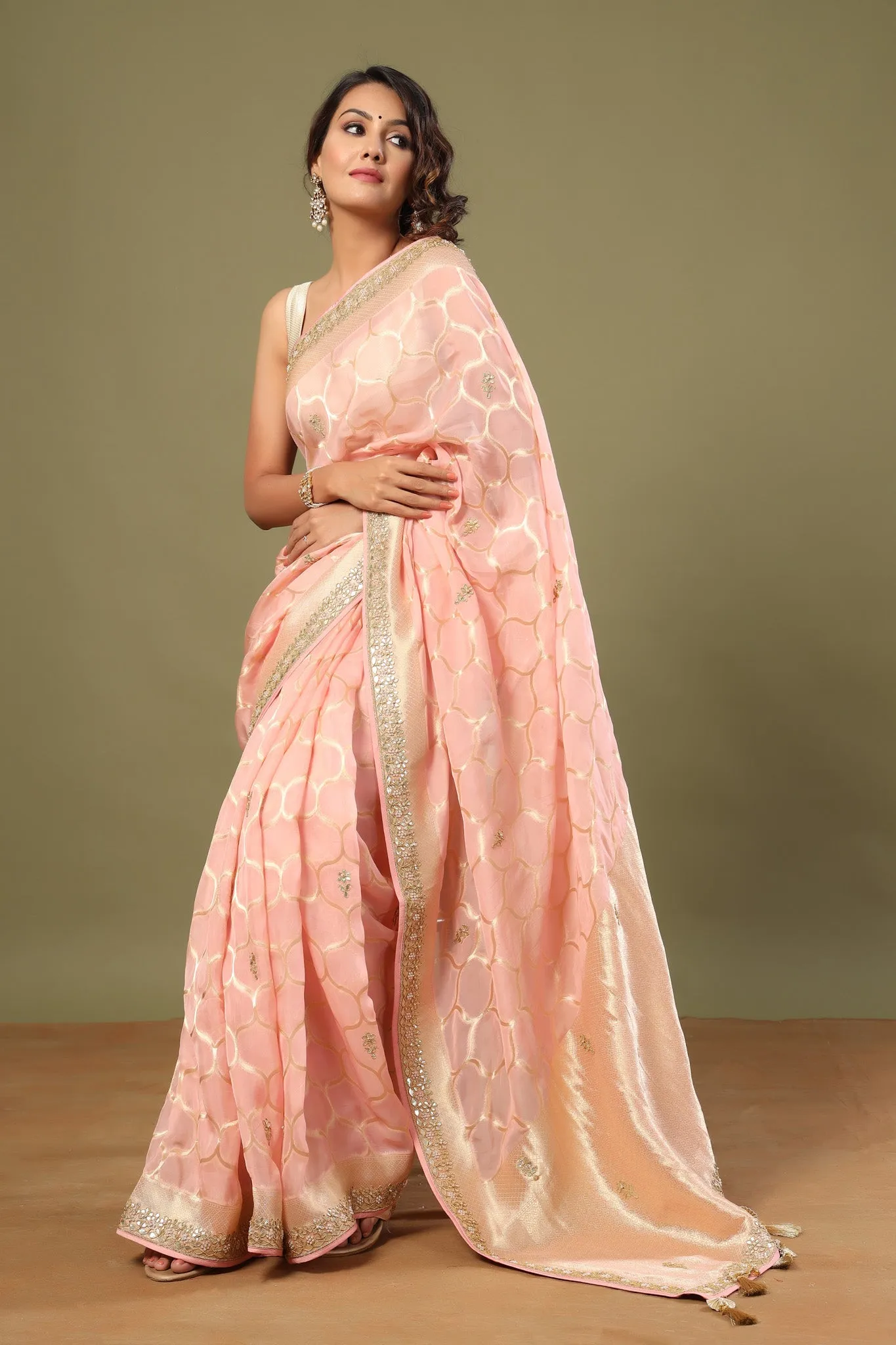 90Z546-RO Light Pink Embroidered Organza Saree with Zari Jaal