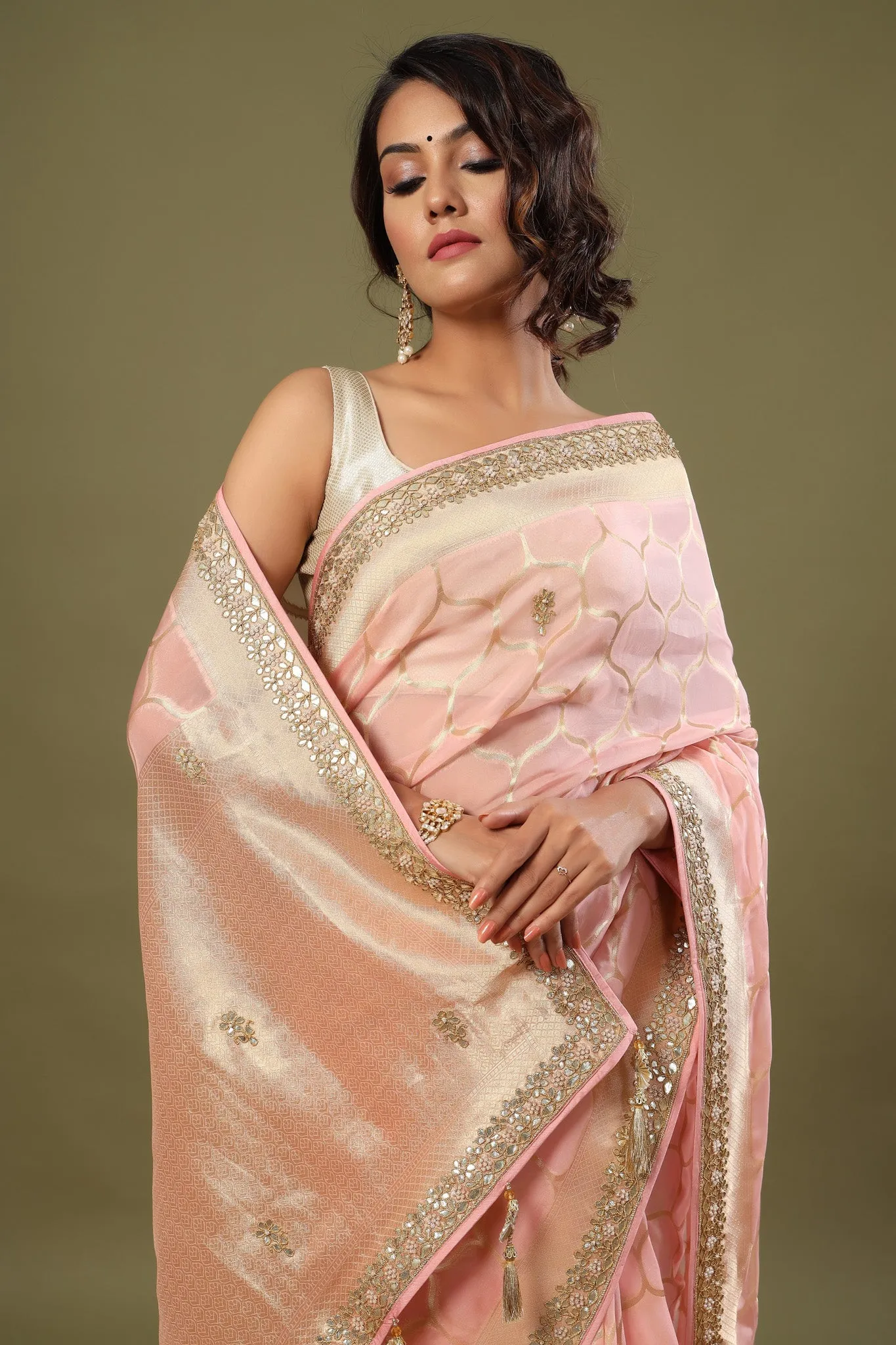 90Z546-RO Light Pink Embroidered Organza Saree with Zari Jaal