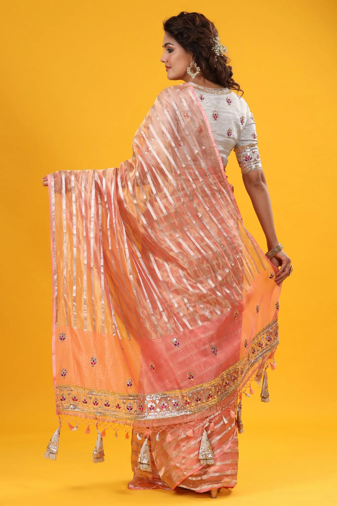 90Z639-RO Peach Silver Striped Embroidered Organza Sari