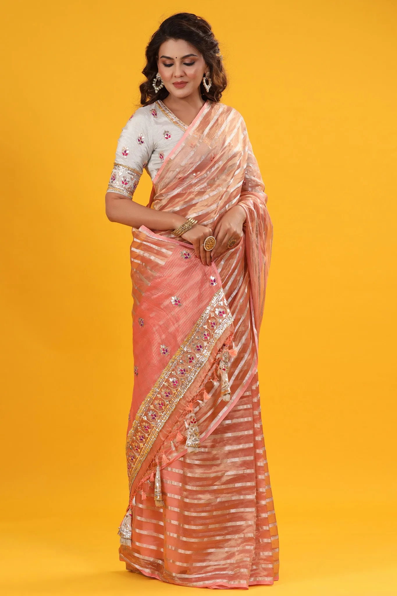 90Z639-RO Peach Silver Striped Embroidered Organza Sari