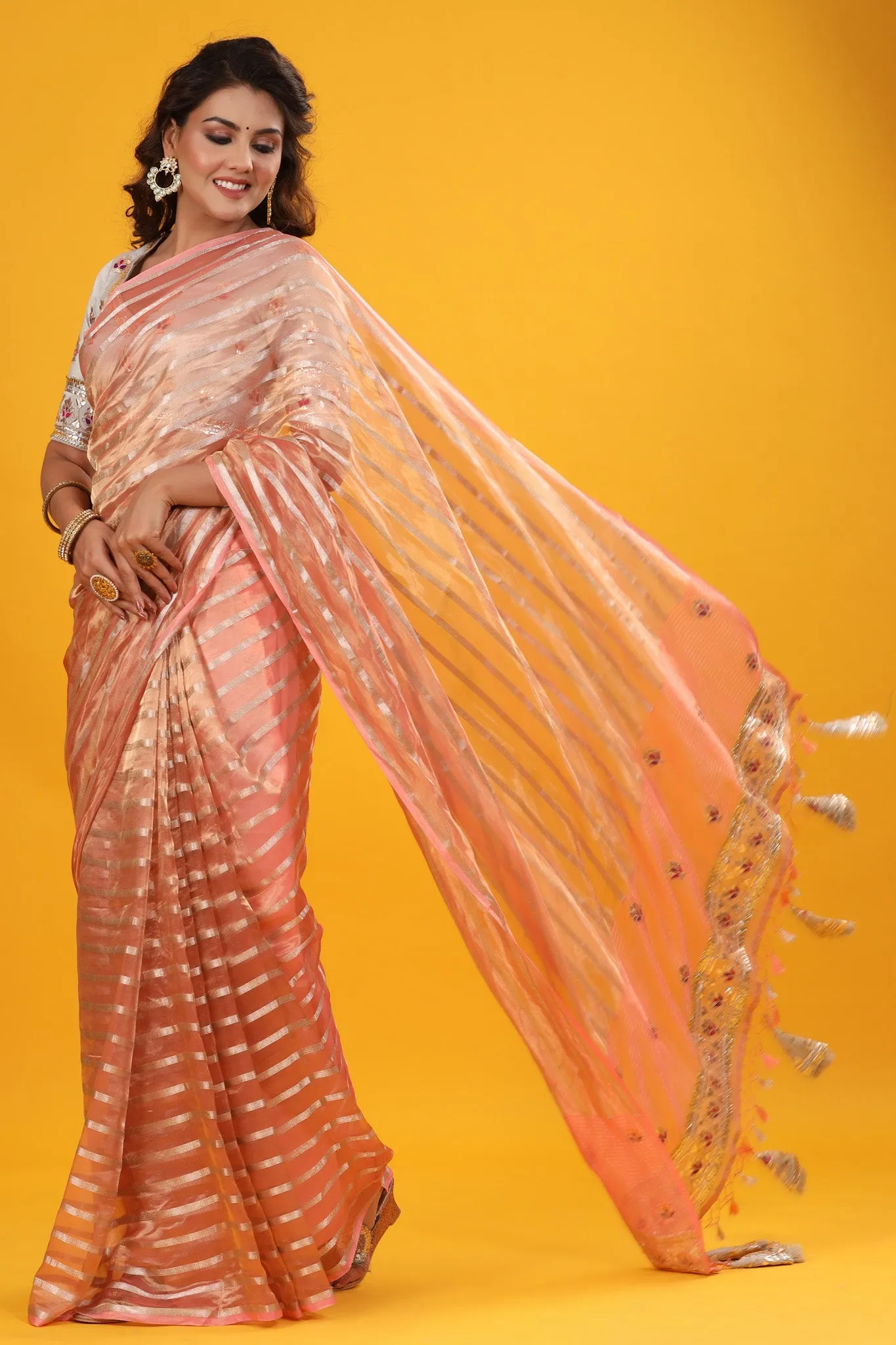 90Z639-RO Peach Silver Striped Embroidered Organza Sari