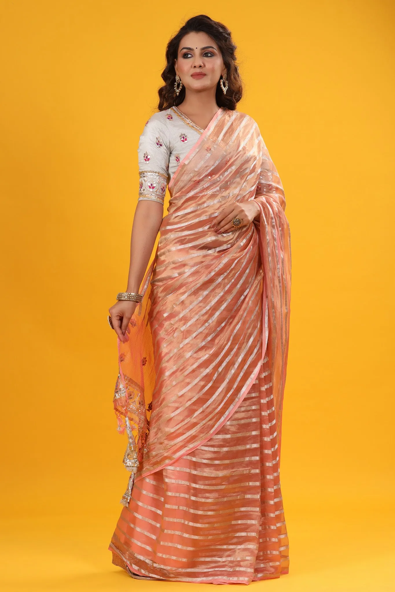 90Z639-RO Peach Silver Striped Embroidered Organza Sari