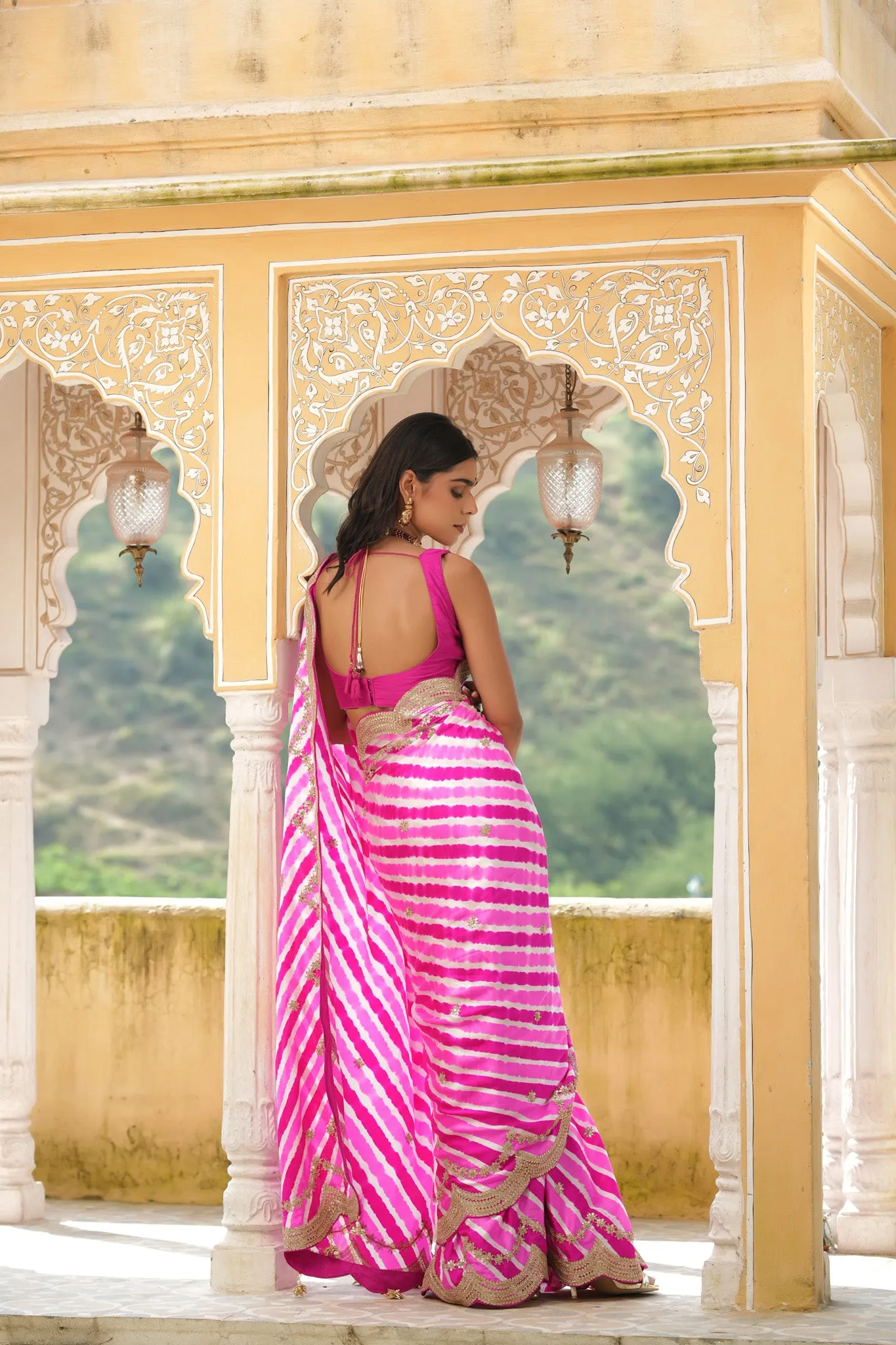 90Z655-RO Pink Striped Tussar Silk Saree with Scalloped Border