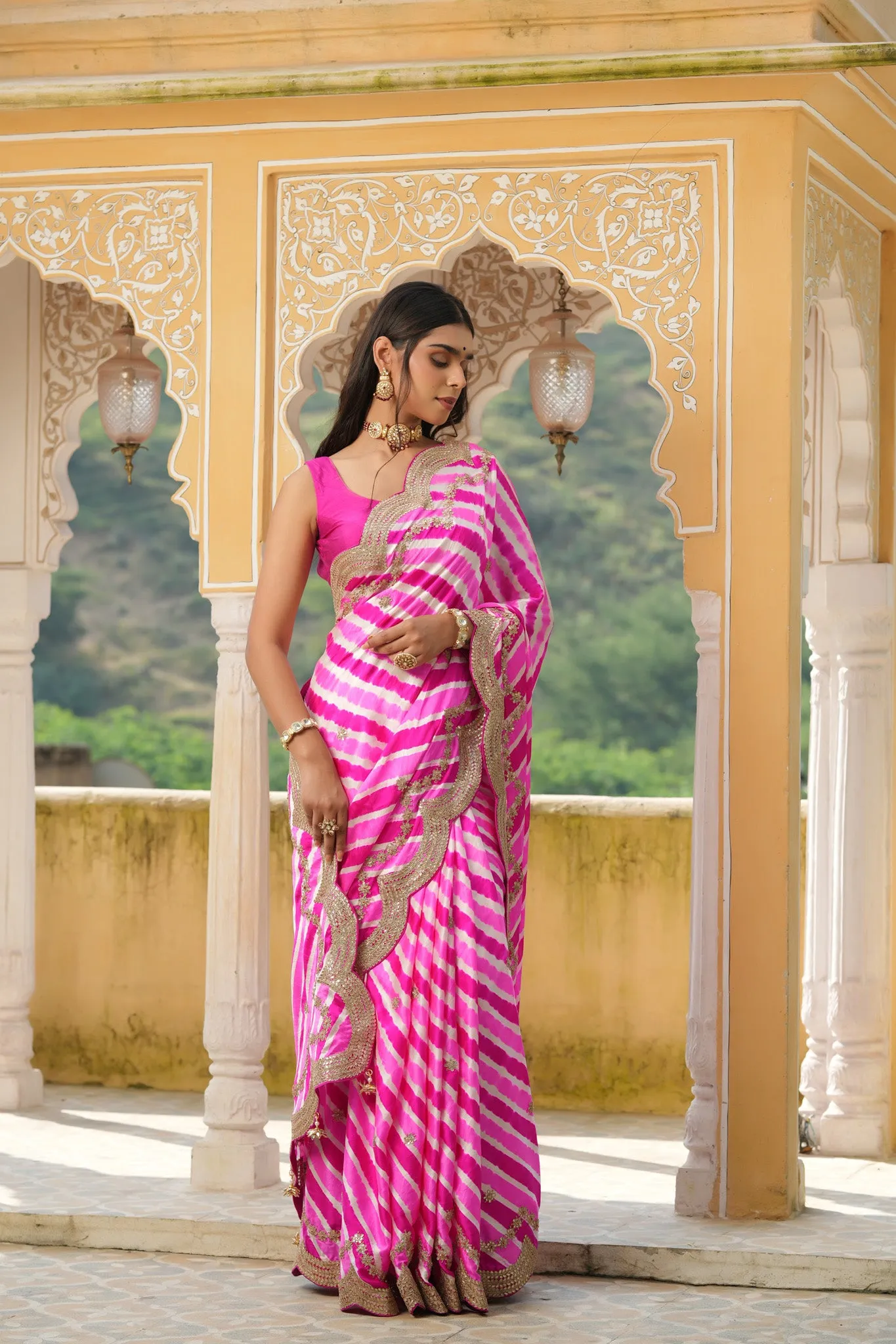 90Z655-RO Pink Striped Tussar Silk Saree with Scalloped Border