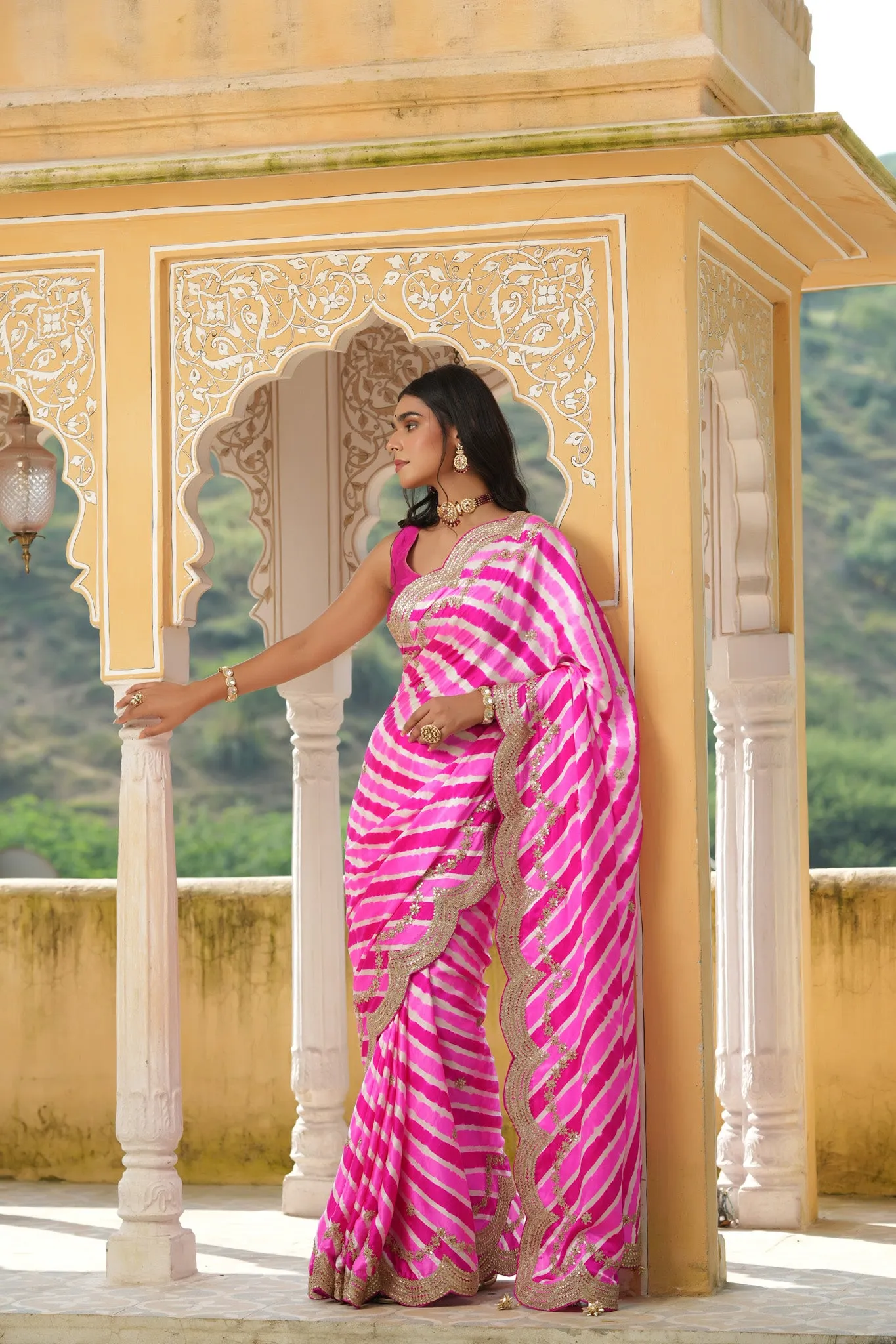 90Z655-RO Pink Striped Tussar Silk Saree with Scalloped Border