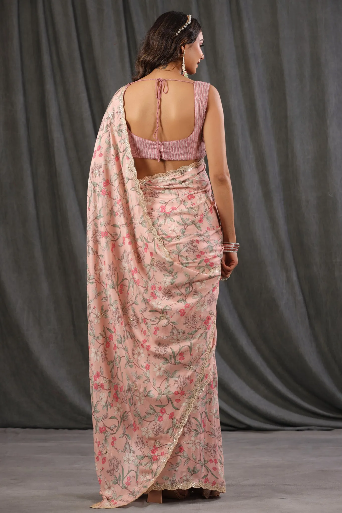 90Z705-NRO Light Pink Floral Print Crepe Georgette Sari