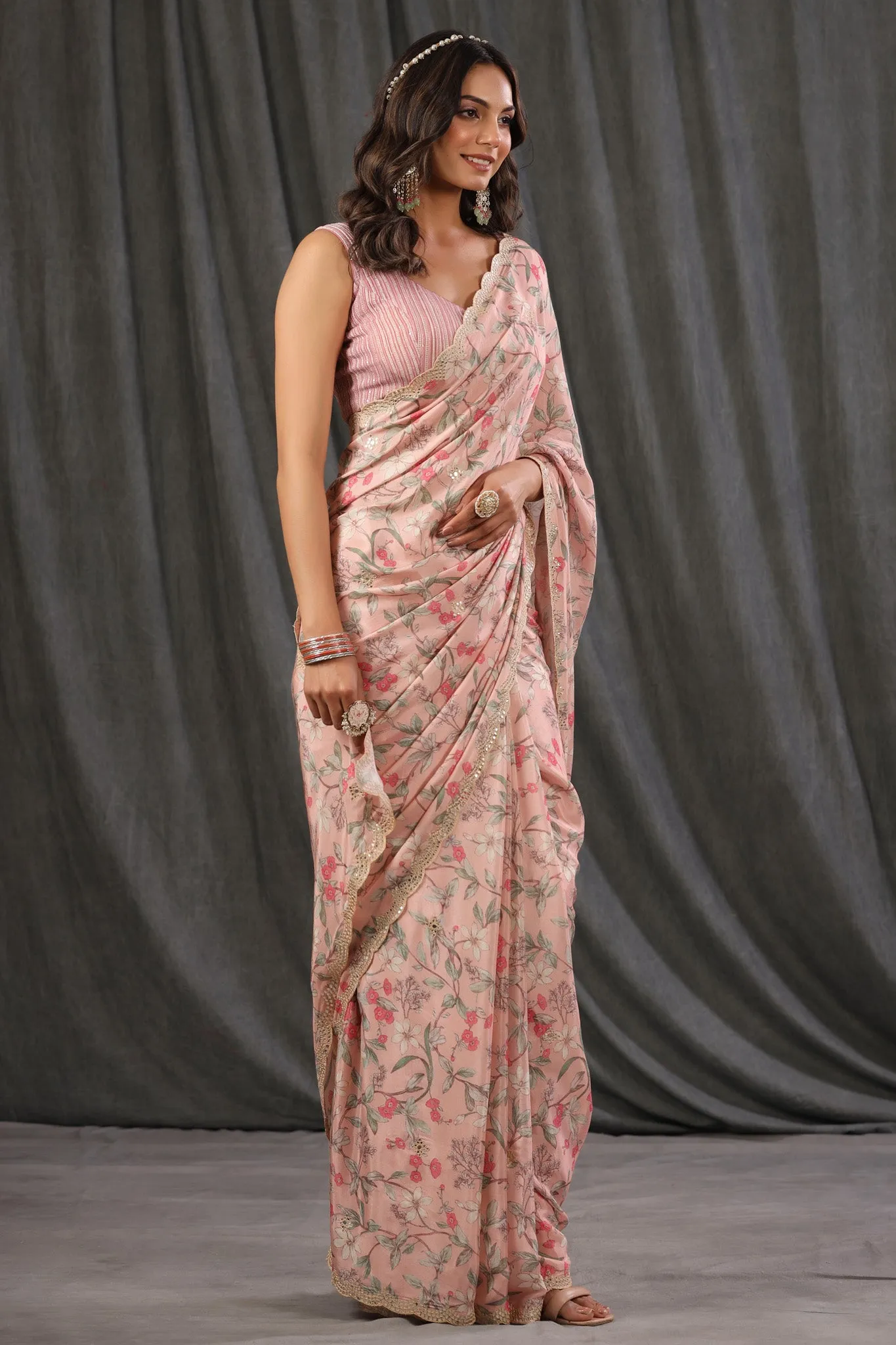 90Z705-NRO Light Pink Floral Print Crepe Georgette Sari