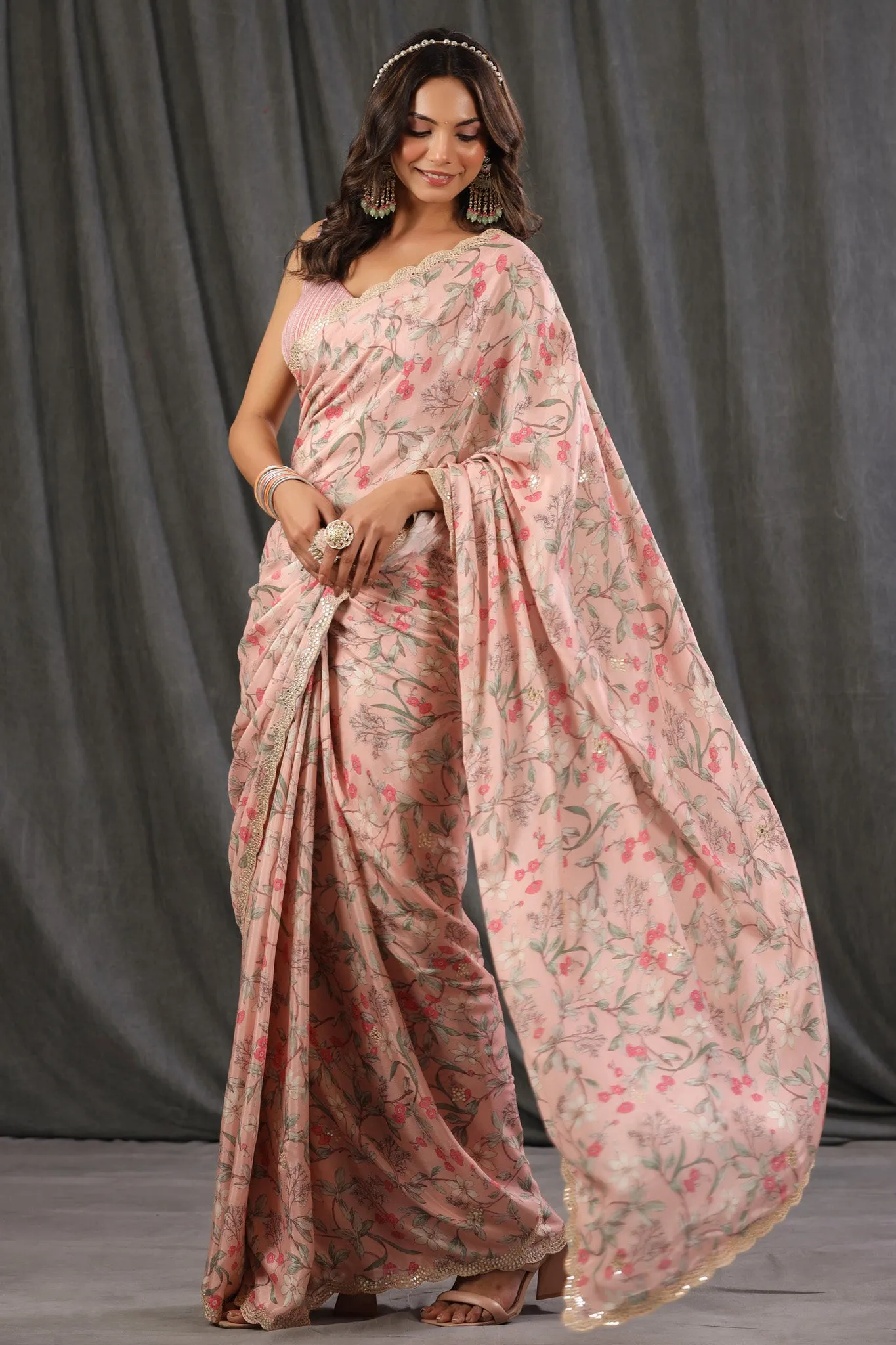 90Z705-NRO Light Pink Floral Print Crepe Georgette Sari