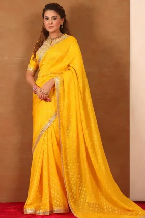 90Z715-RO Yellow Embroidered Banarasi Khaddi Sari with Saree Blouse