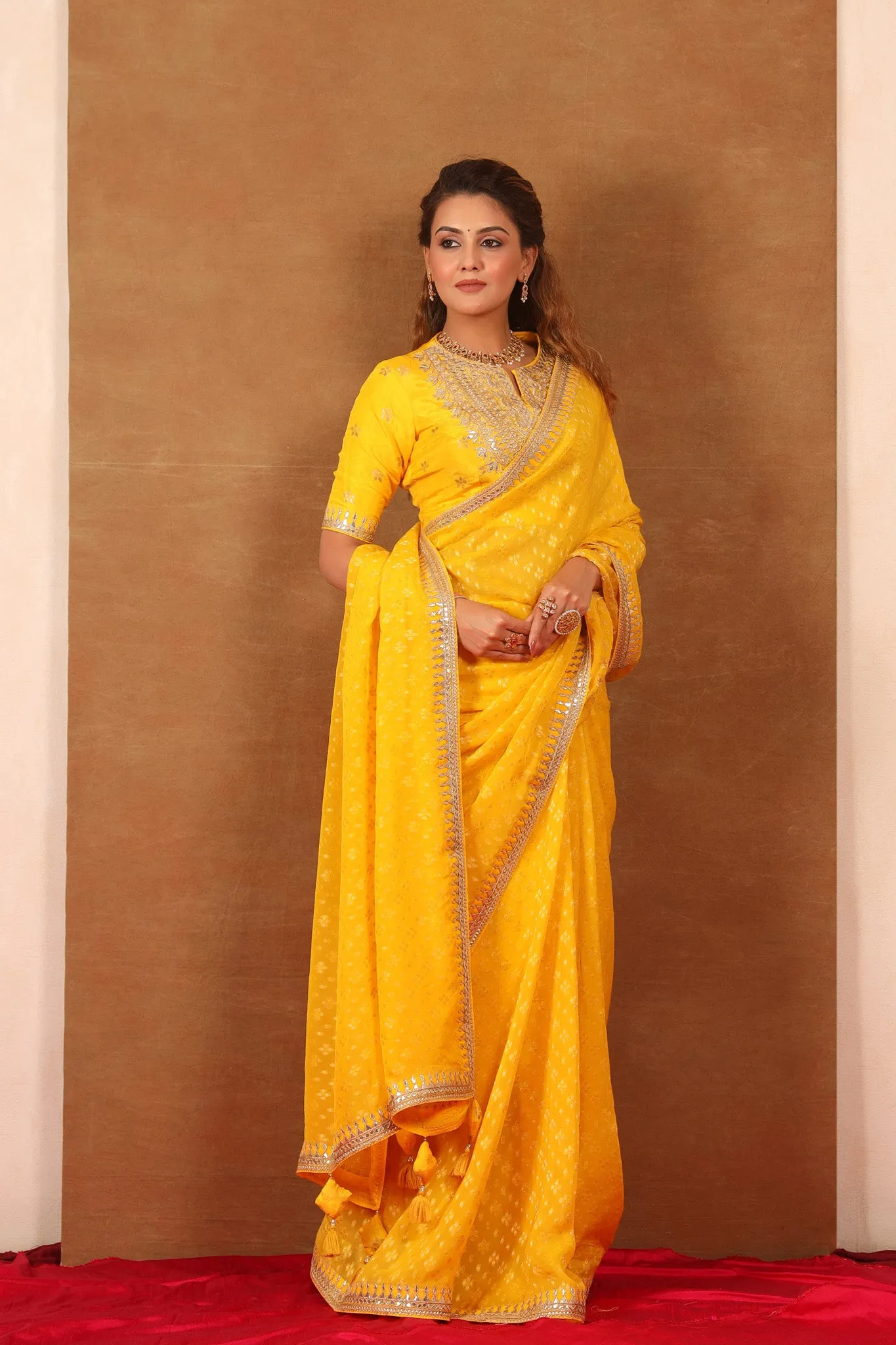 90Z715-RO Yellow Embroidered Banarasi Khaddi Sari with Saree Blouse