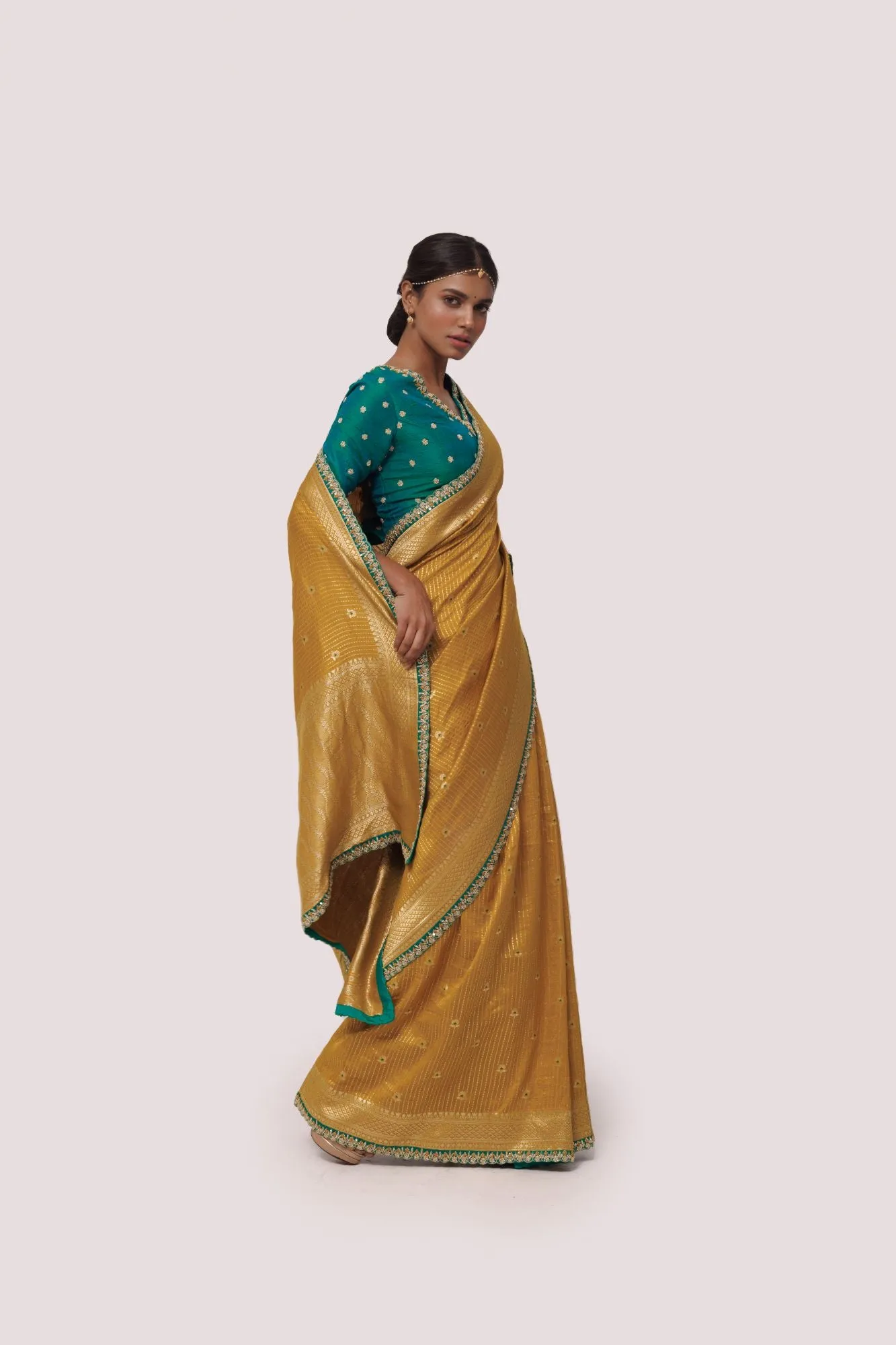 90Z843-RO Mustard and Teal Embroidered Saree with Blouse