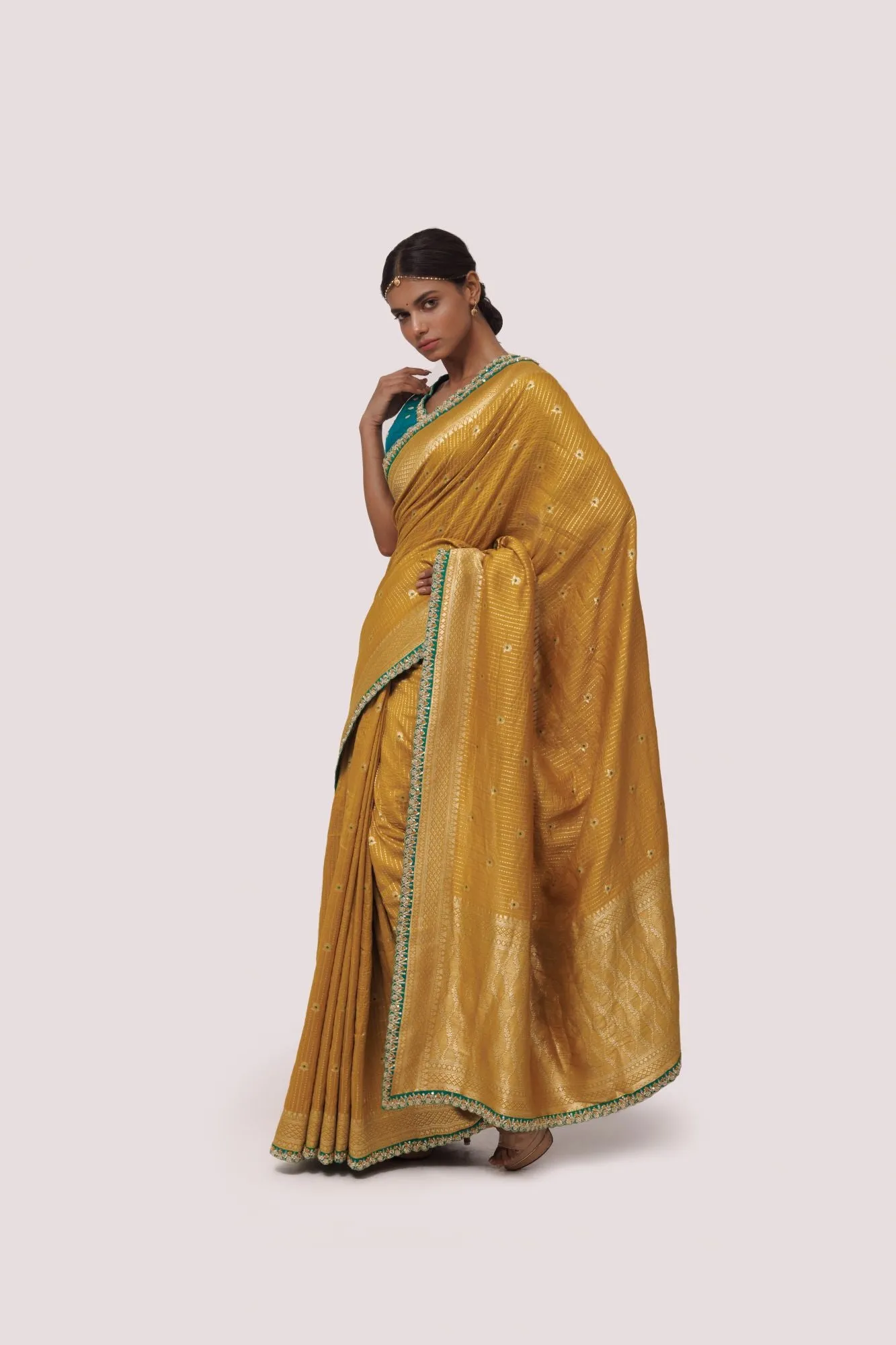 90Z843-RO Mustard and Teal Embroidered Saree with Blouse