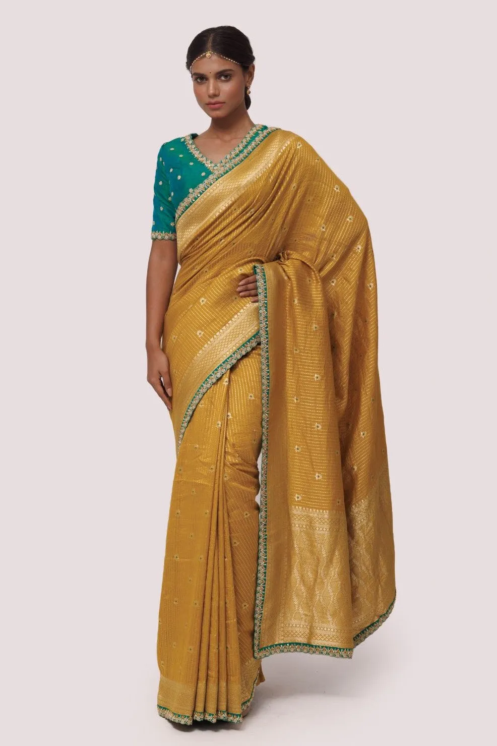 90Z843-RO Mustard and Teal Embroidered Saree with Blouse