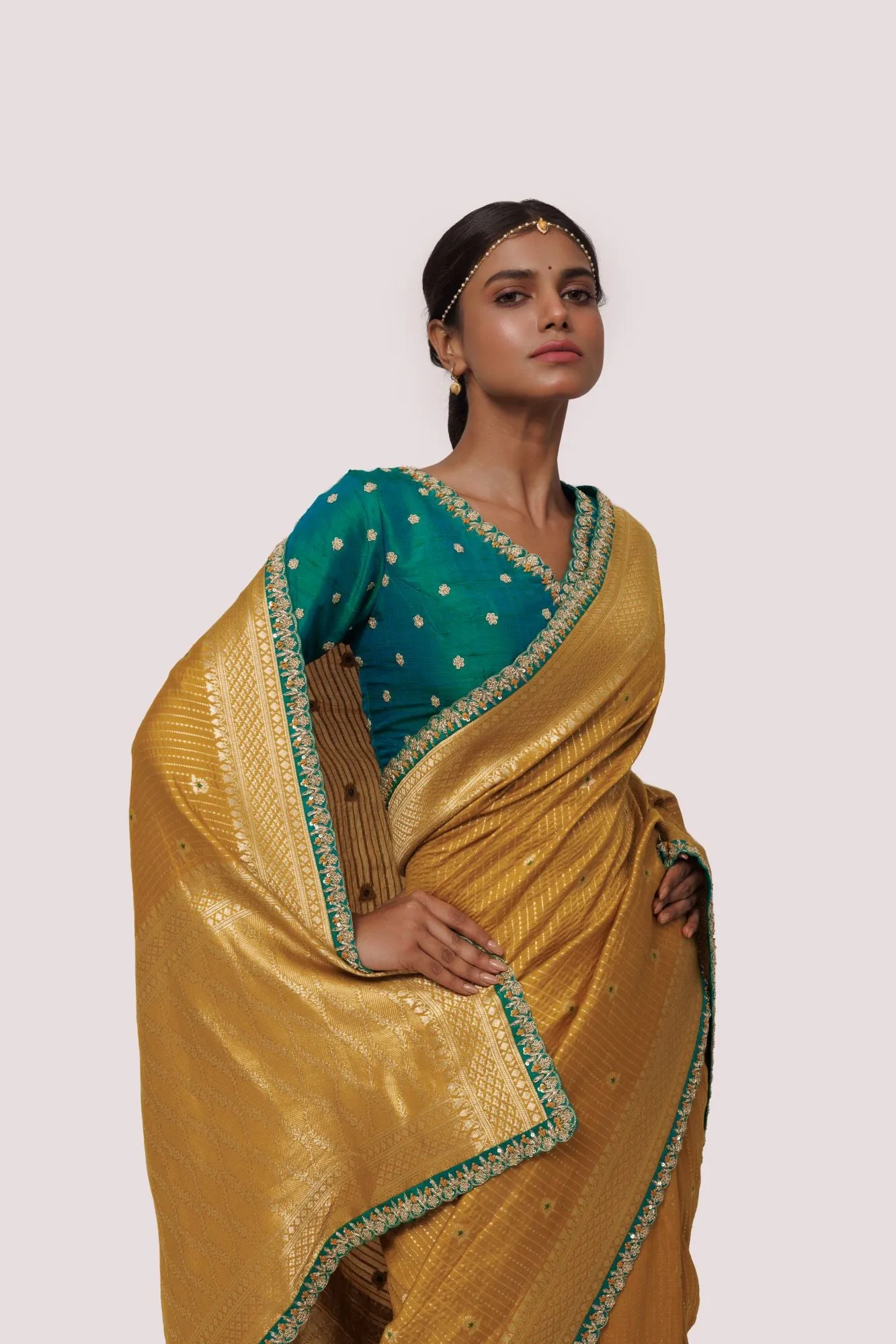 90Z843-RO Mustard and Teal Embroidered Saree with Blouse