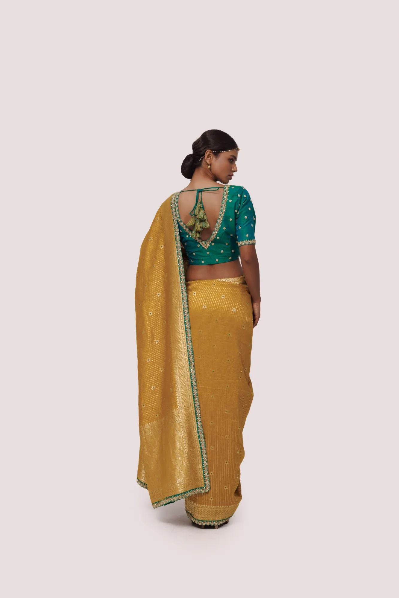 90Z843-RO Mustard and Teal Embroidered Saree with Blouse