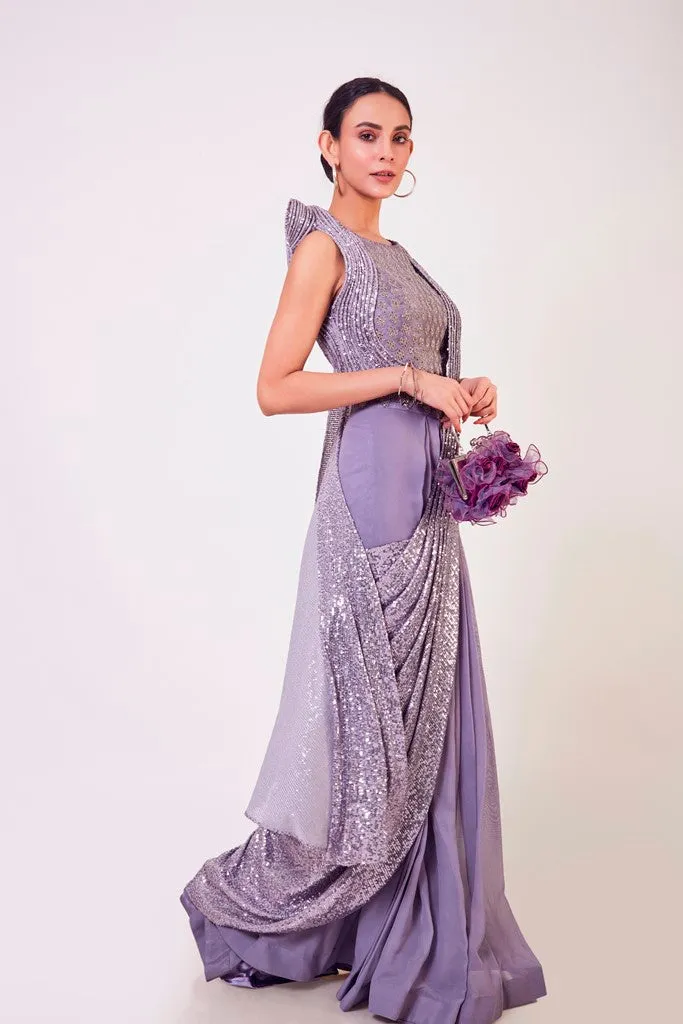 90Z928-RO Mauve Georgette Saree With Silver Cutdana Work