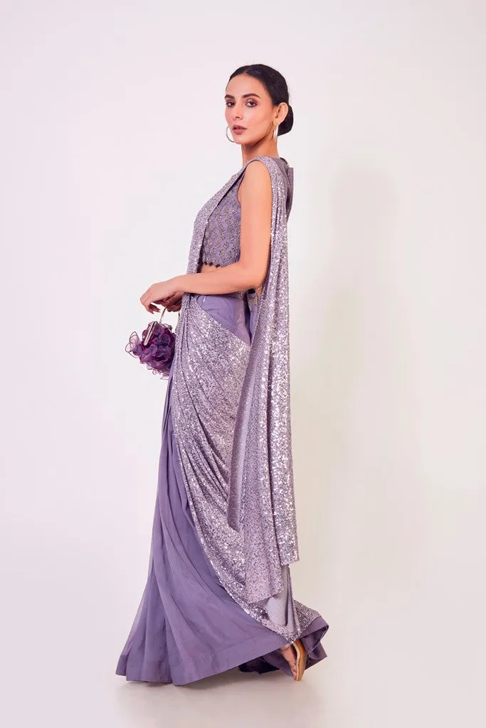 90Z928-RO Mauve Georgette Saree With Silver Cutdana Work