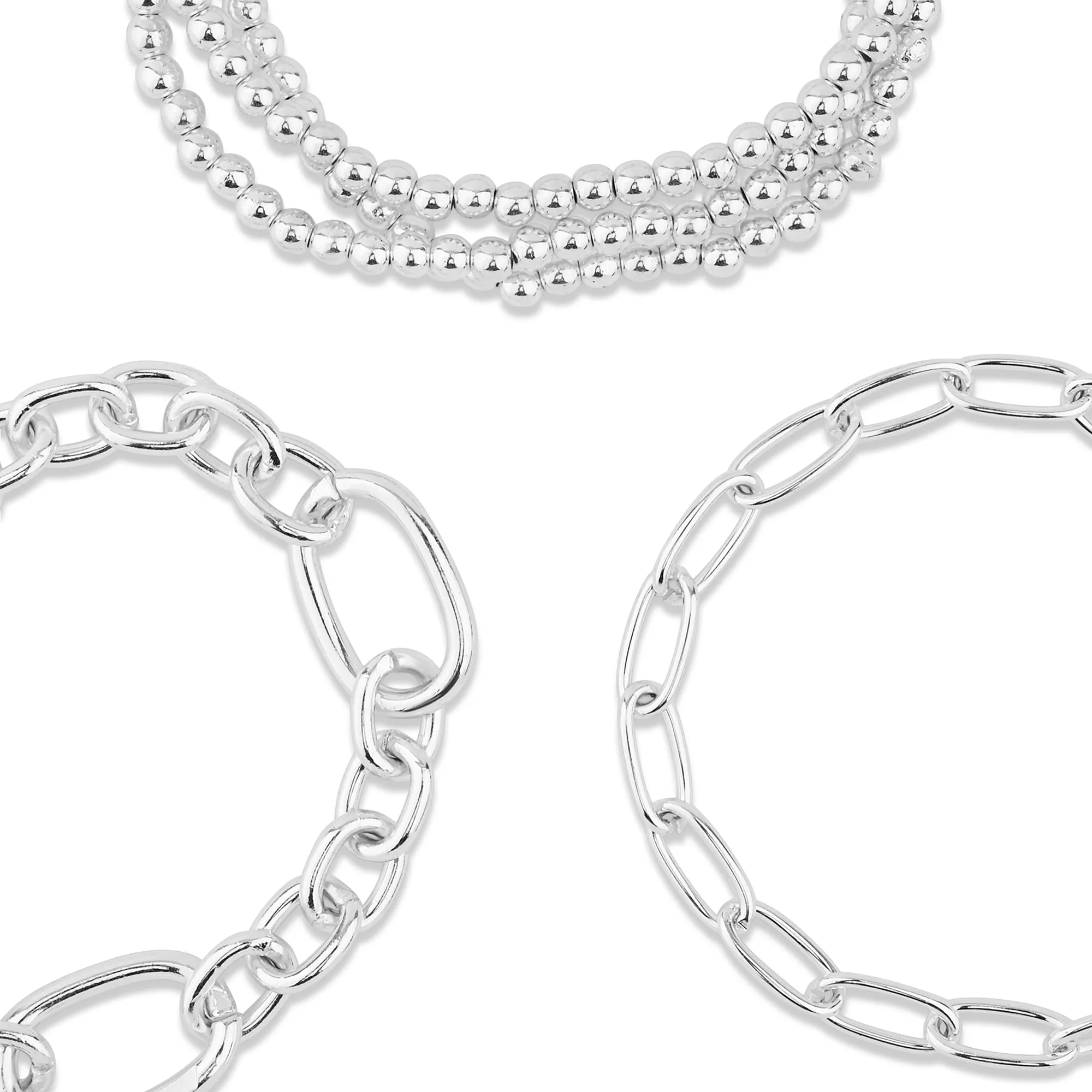 Accessorize London Women's  Chain And Stretch Beaded Bracelets 5 Pack Silver