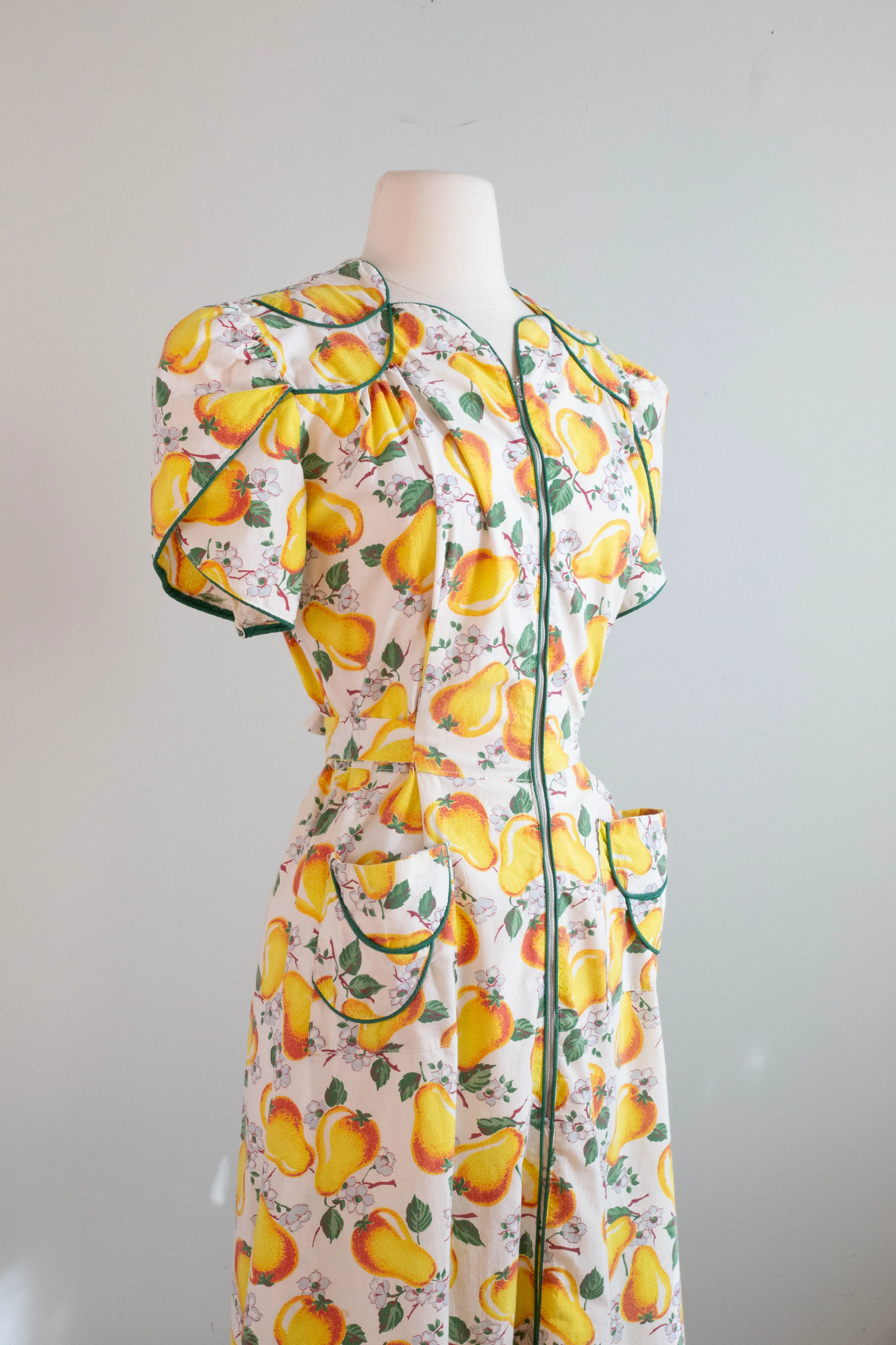 Adorable 1940's Pear Print Cotton Day Dress By Simplicity Frocks / Large