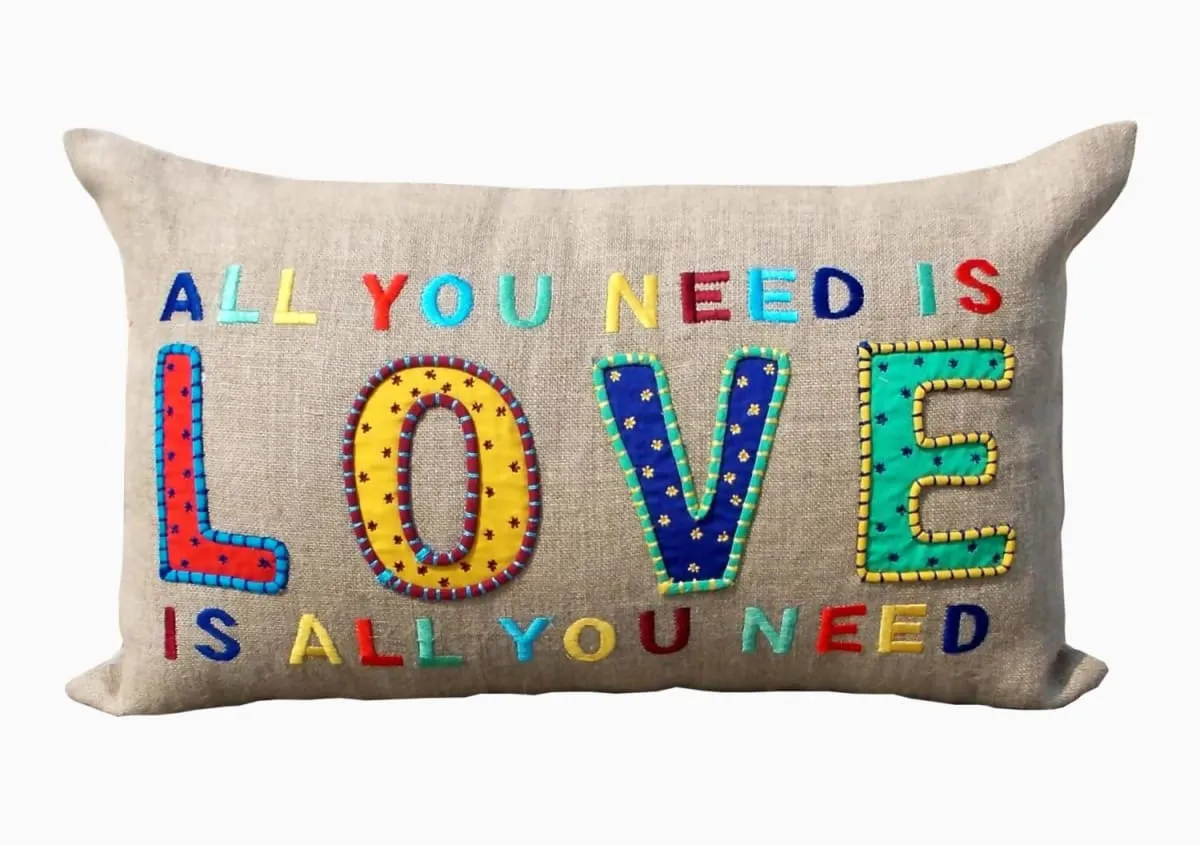 All you need is LOVE, Linen throw pillow cover, multicolour embroidery, applique Beige 12"X20"